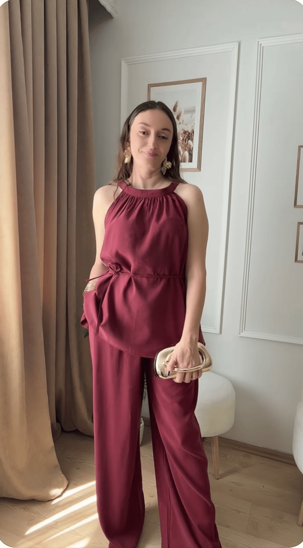 Bordo İp Kuşaklı Pantolon Takım
