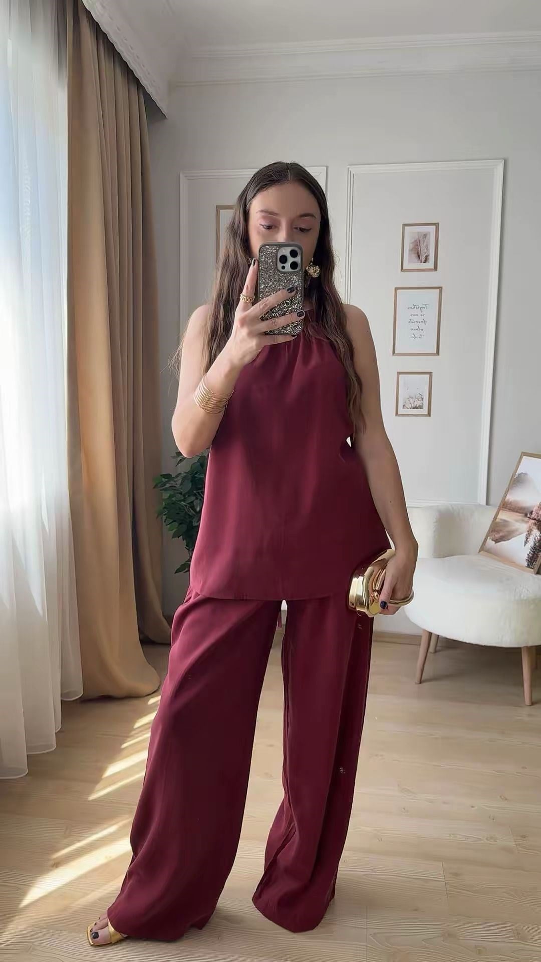 Bordo İp Kuşaklı Pantolon Takım