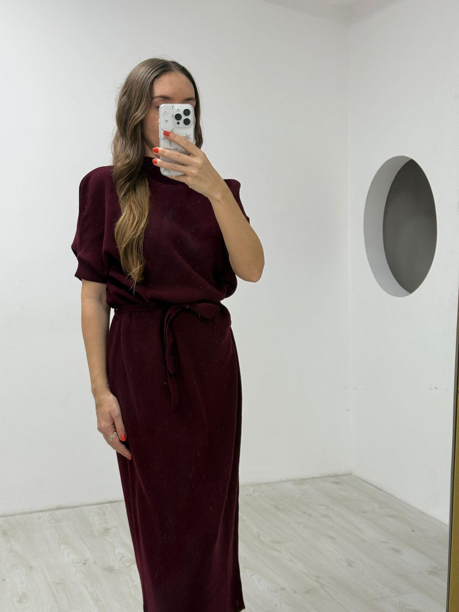 Bordo Triko Kuşaklı  Elbise 