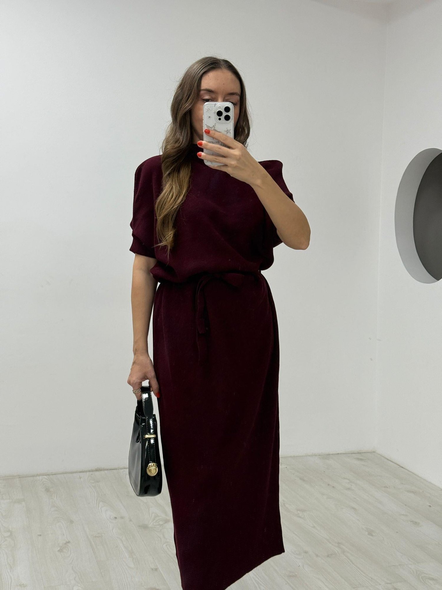 Bordo Triko Kuşaklı  Elbise 
