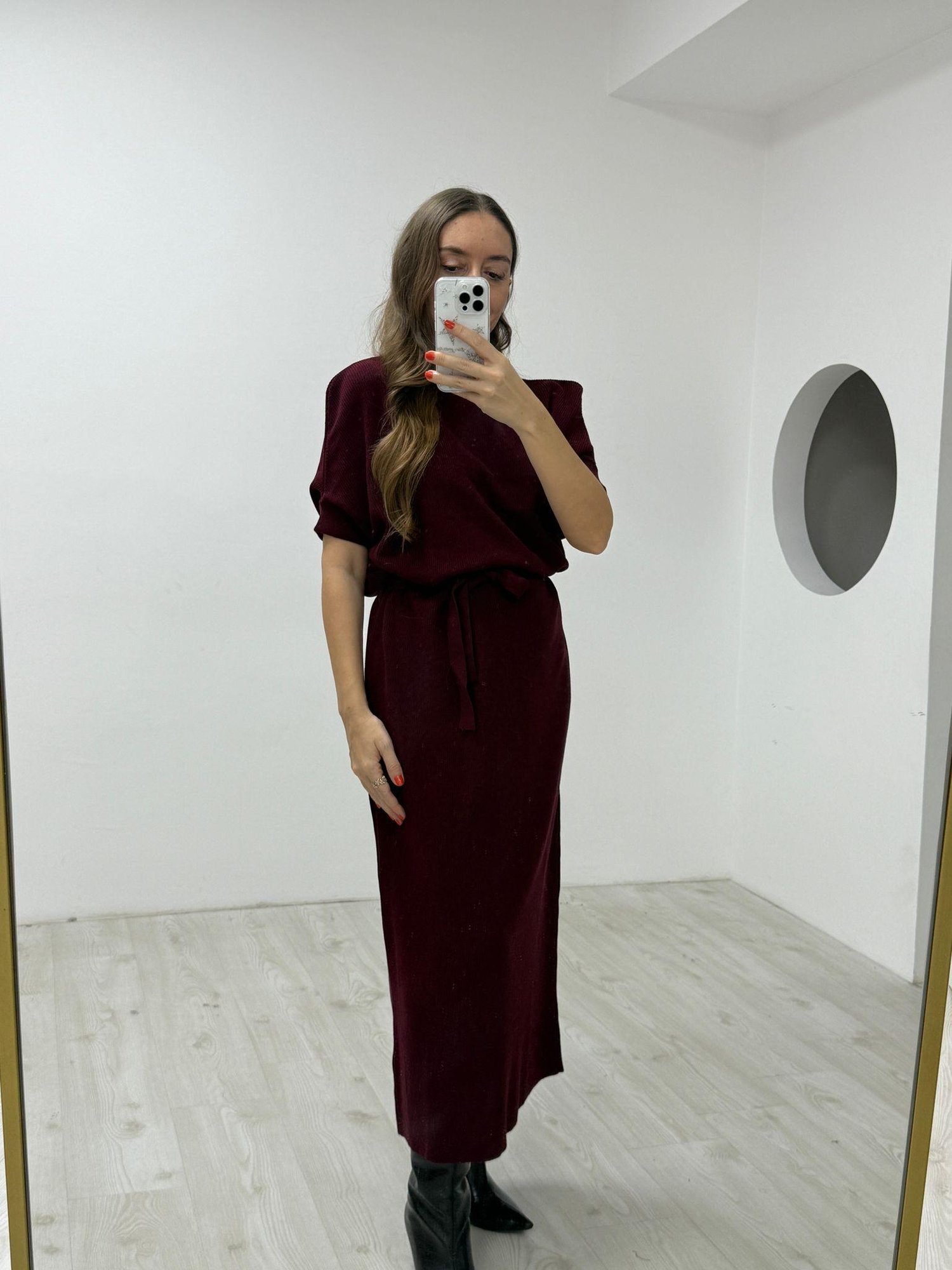 Bordo Triko Kuşaklı  Elbise 