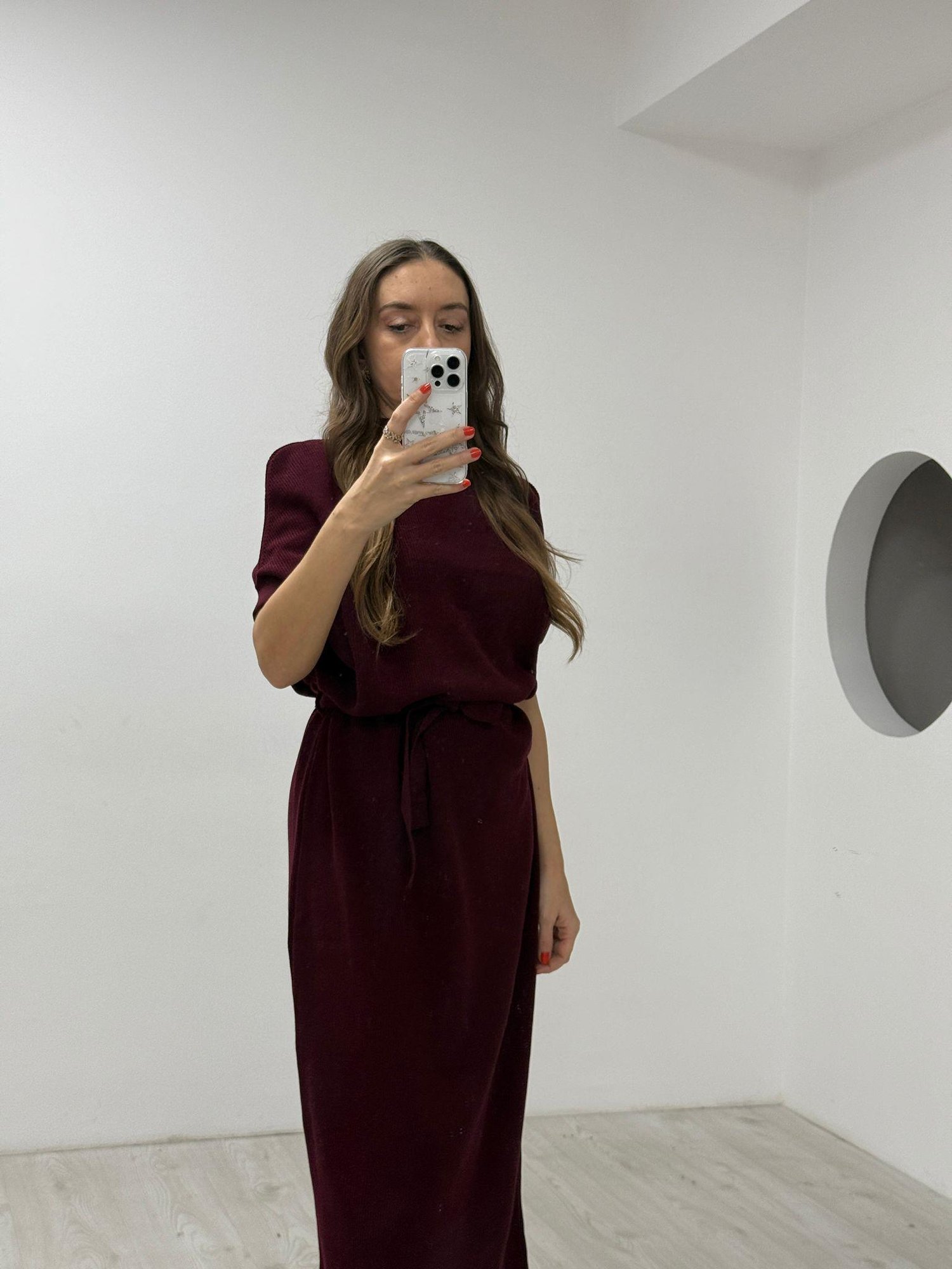 Bordo Triko Kuşaklı  Elbise 