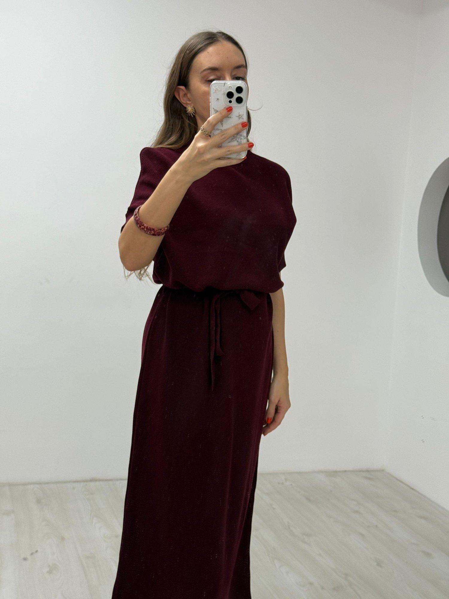 Bordo Triko Kuşaklı  Elbise 