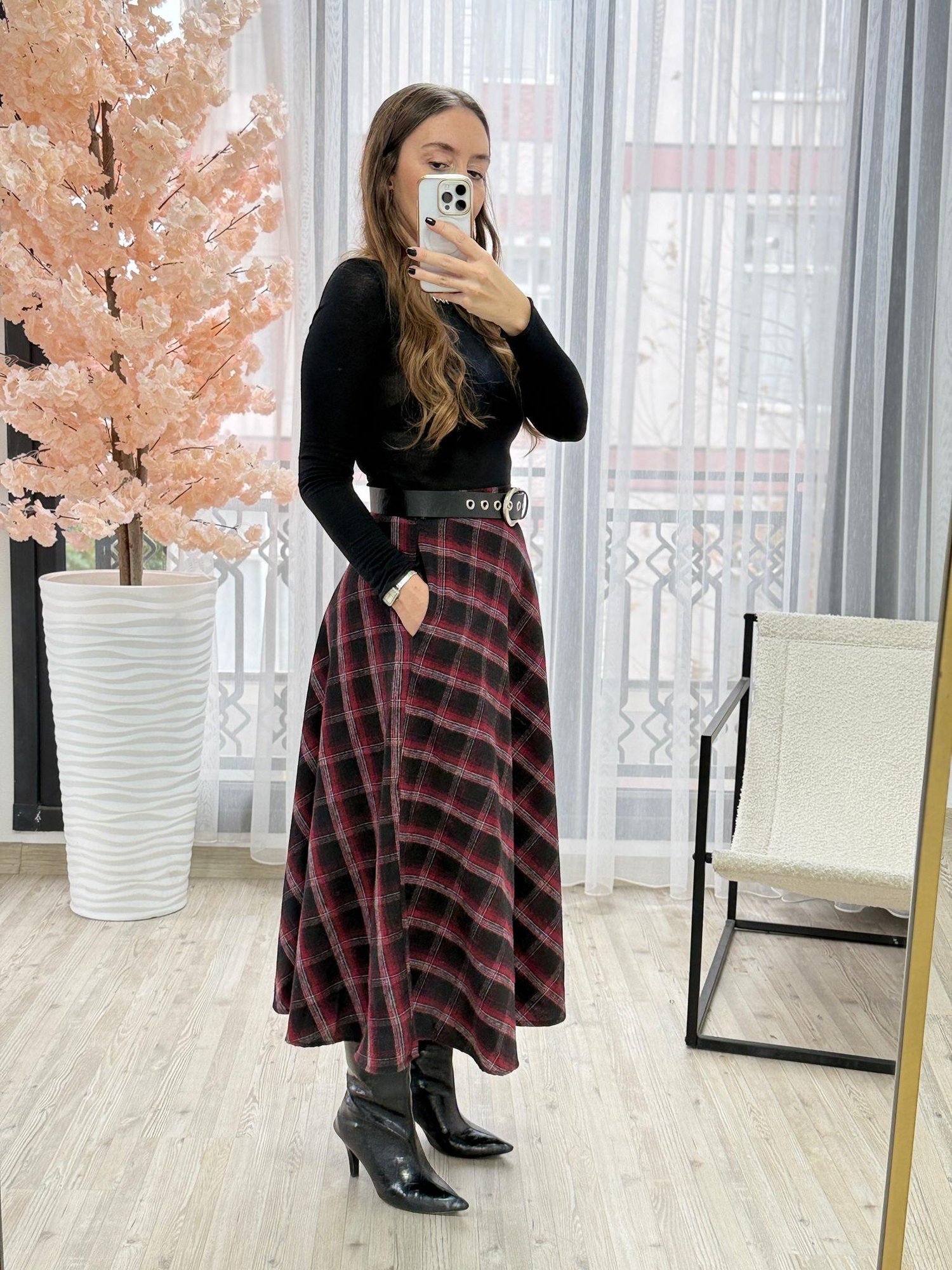 Cepli Bordo Siyah Ekose Desen Etek