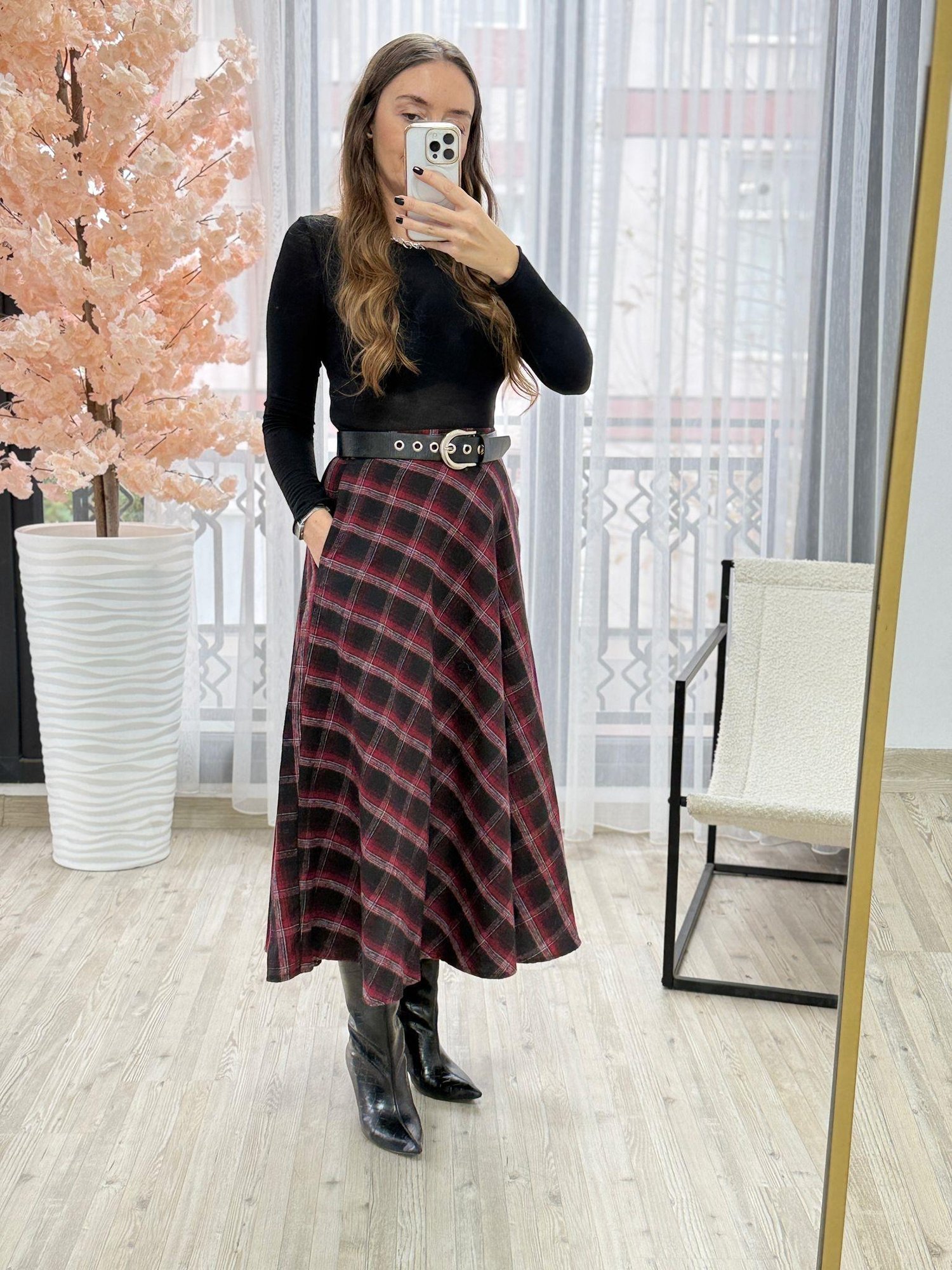 Cepli Bordo Siyah Ekose Desen Etek