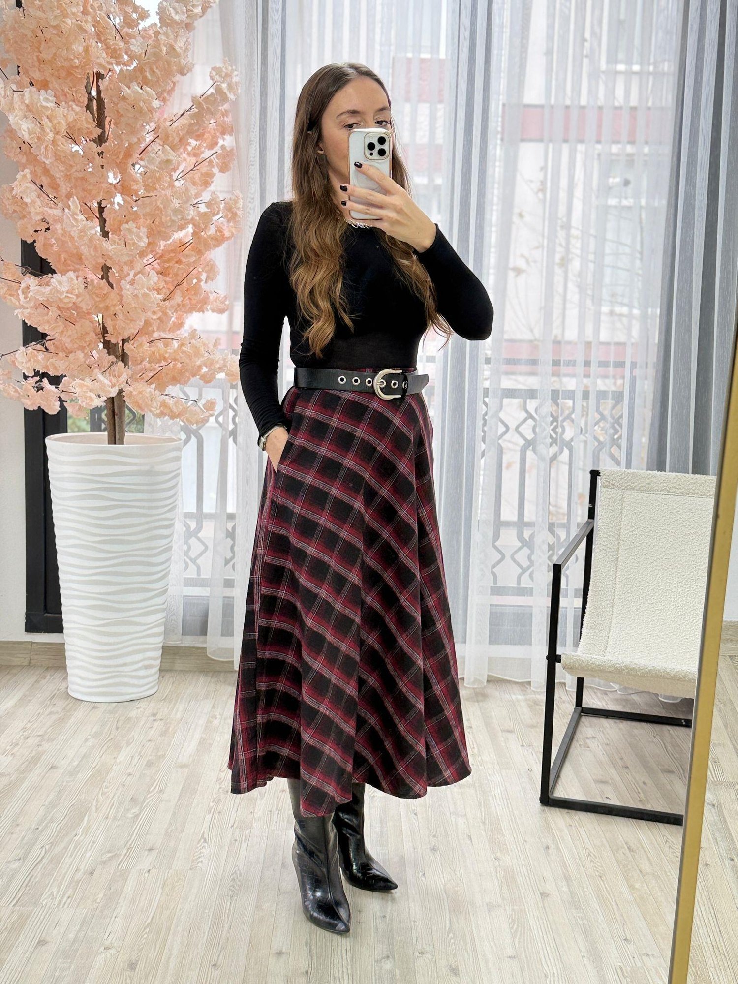 Cepli Bordo Siyah Ekose Desen Etek