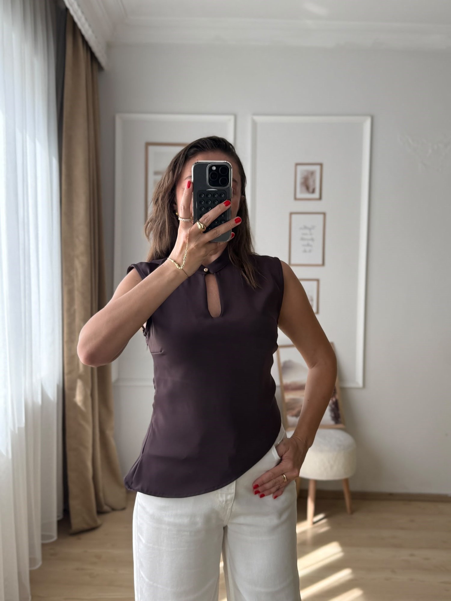 Damla Detaylı Asimetrik Bluz Acı kahve