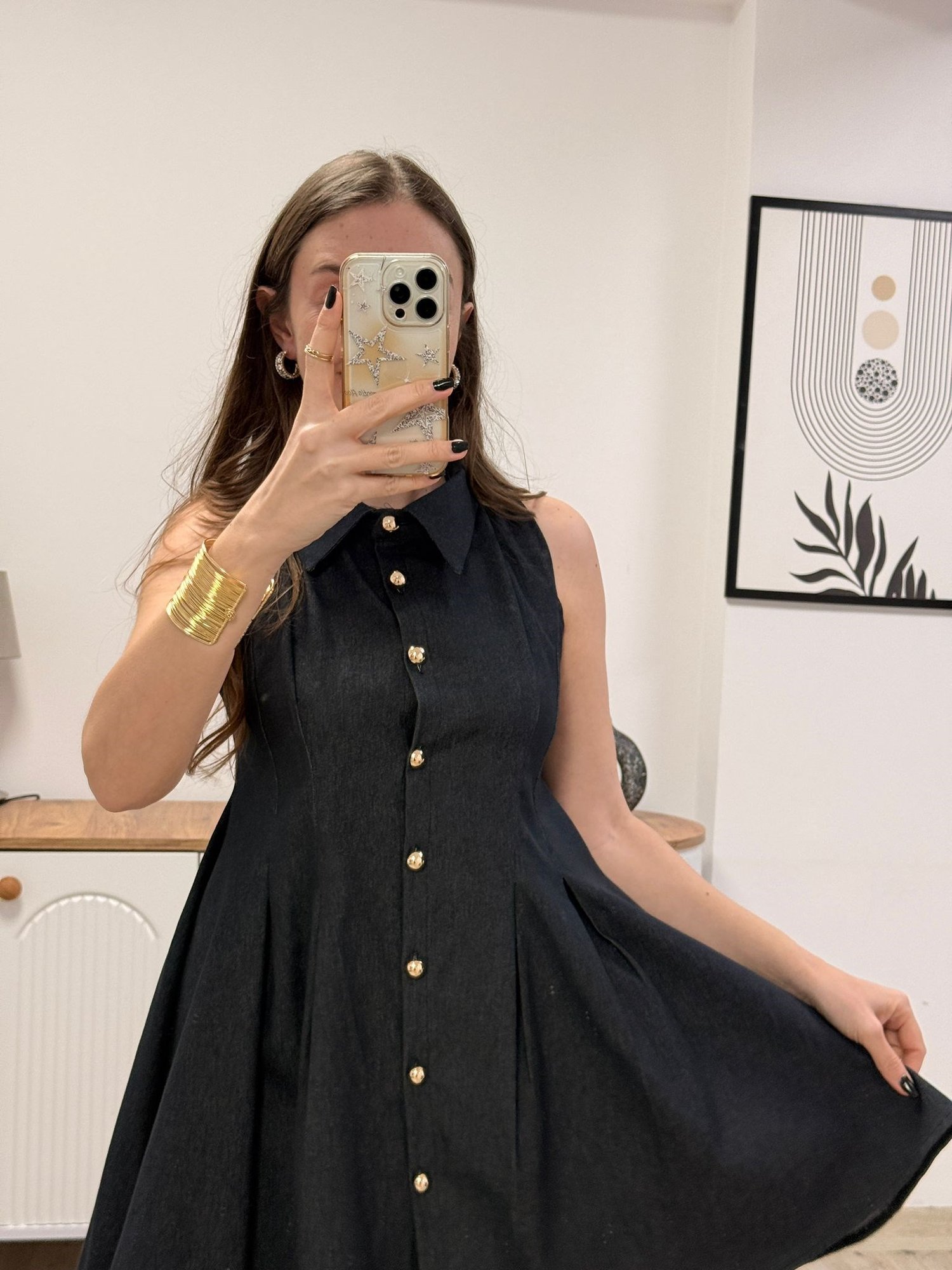 Denim Gold Düğmeli Elbise