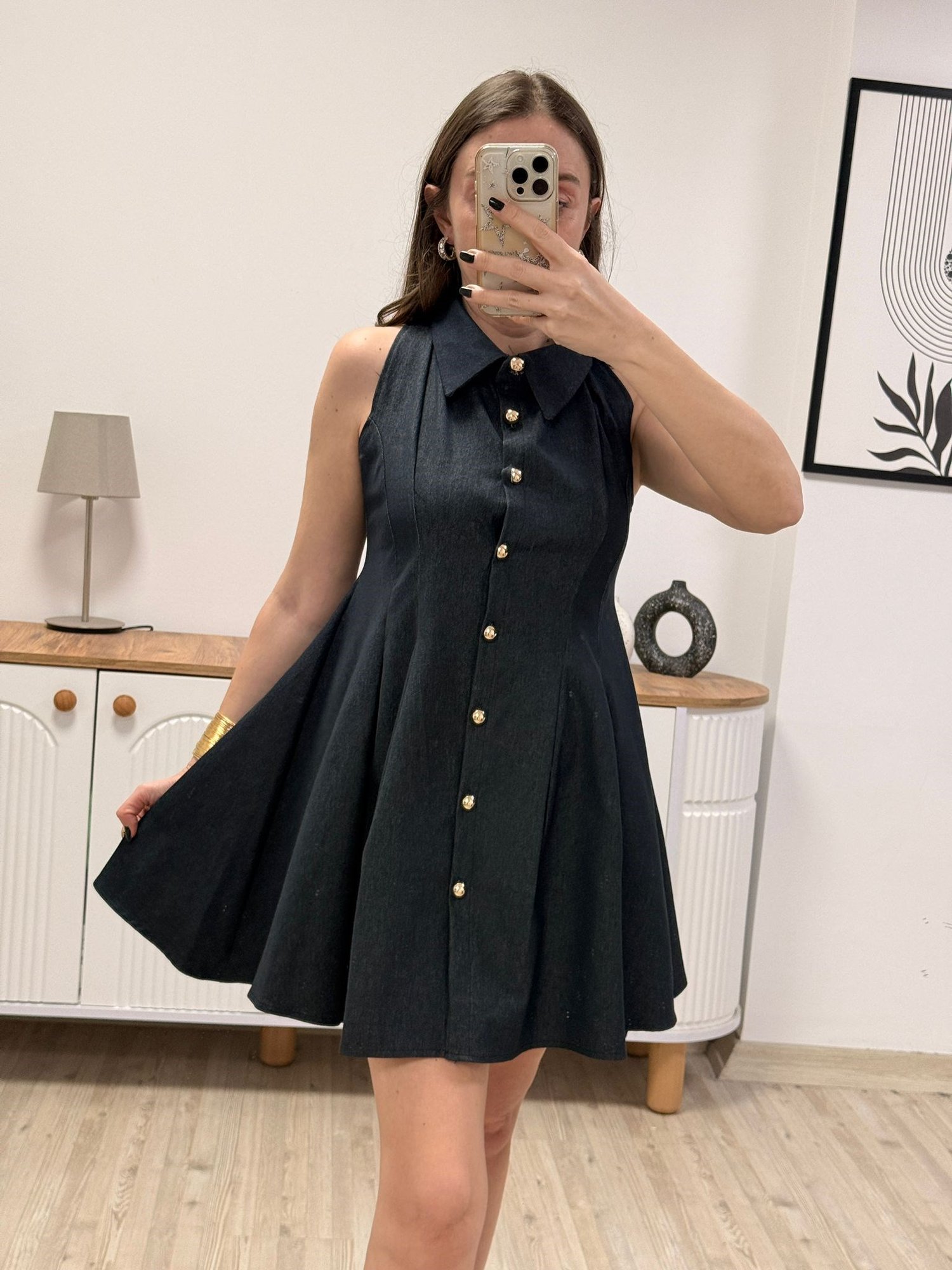Denim Gold Düğmeli Elbise