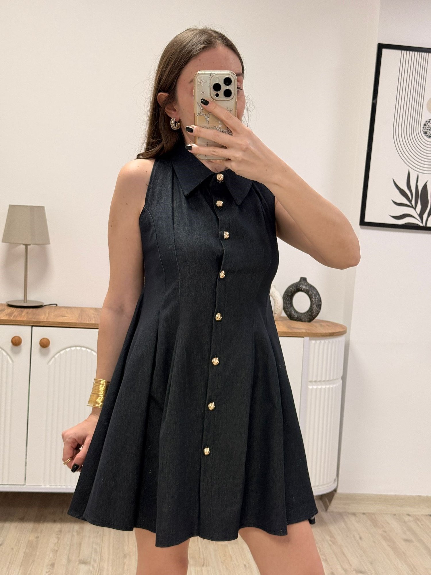 Denim Gold Düğmeli Elbise