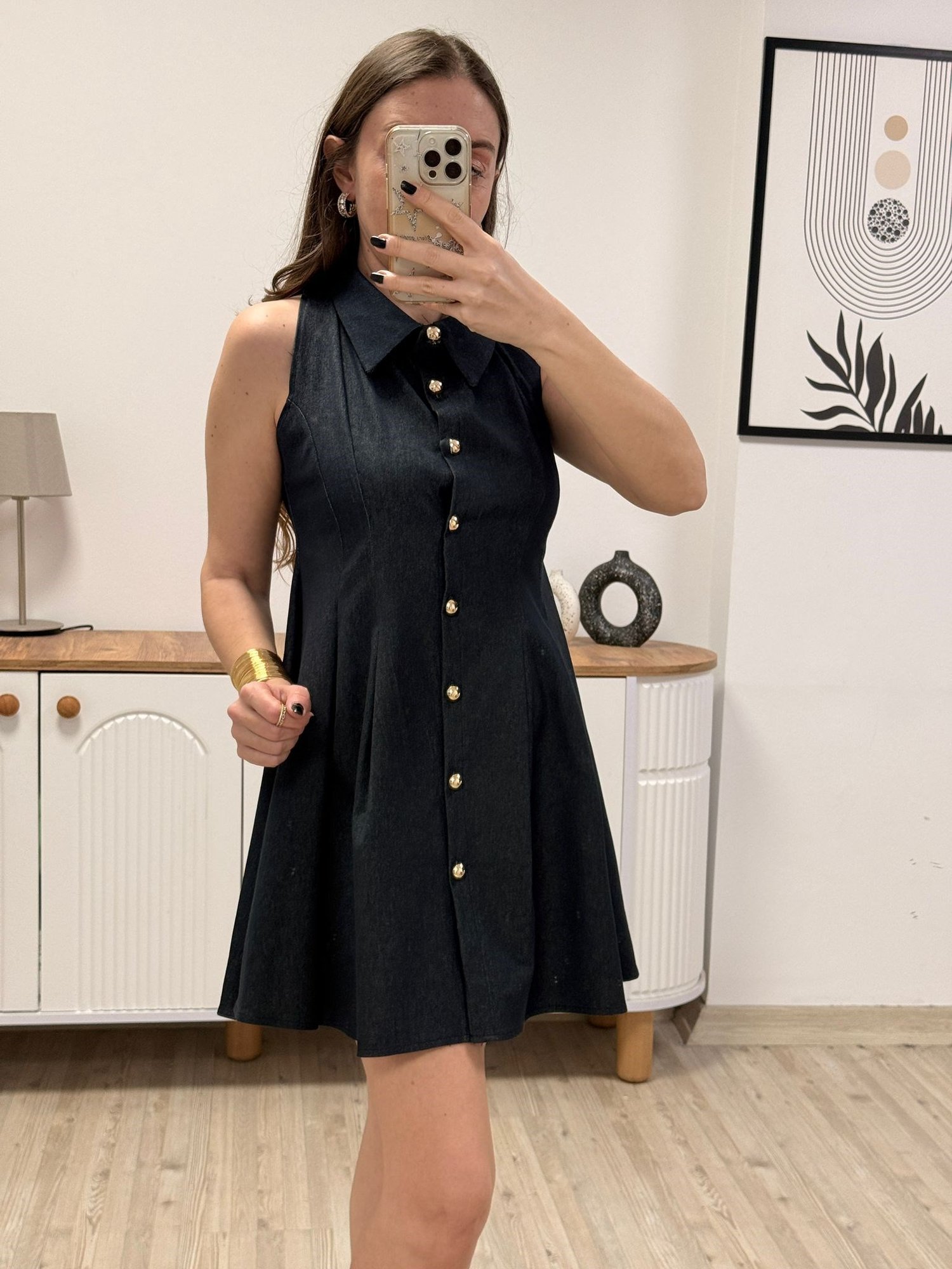 Denim Gold Düğmeli Elbise