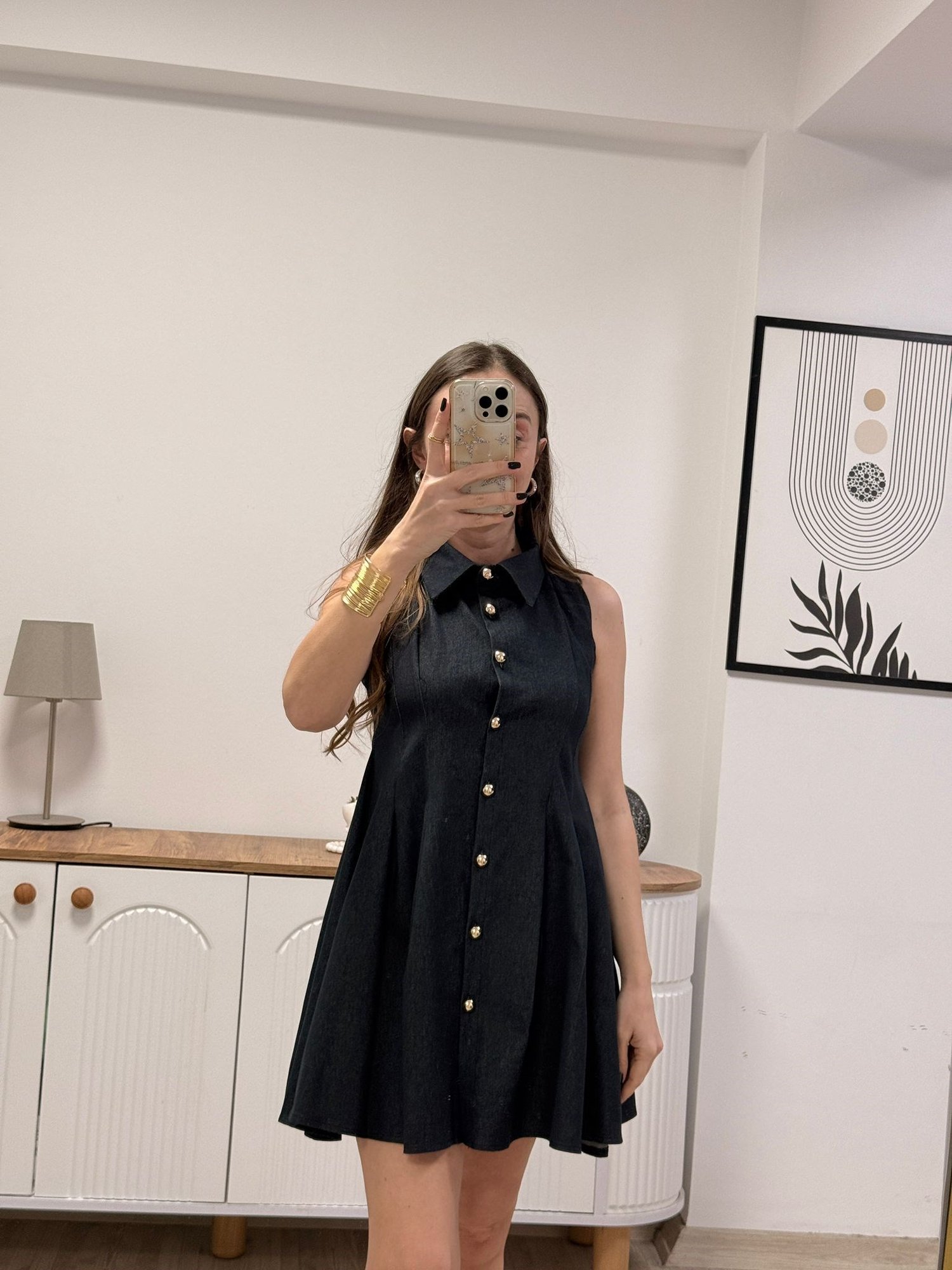 Denim Gold Düğmeli Elbise