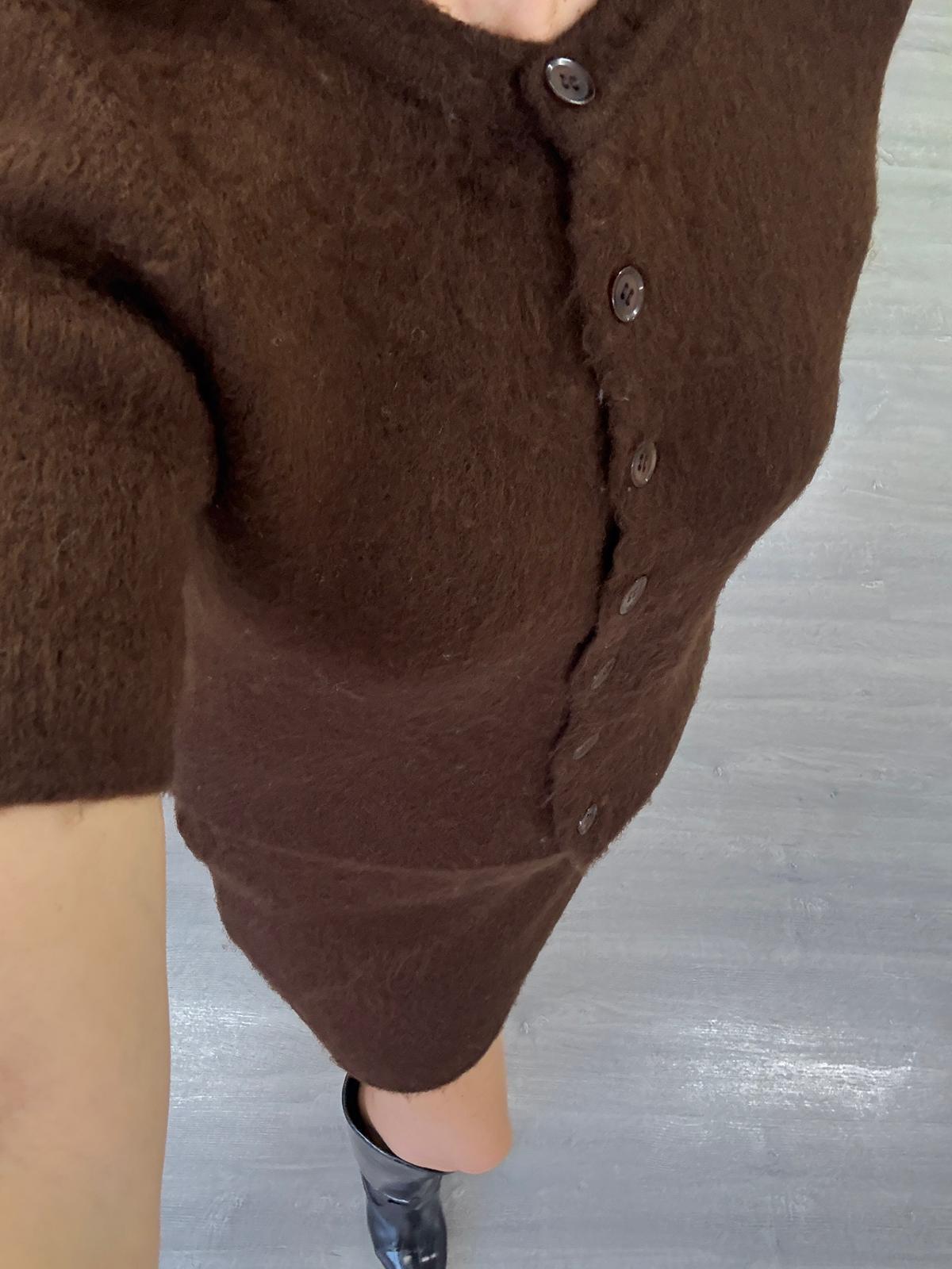 Düğmeli Kısa Kollu Mini Etekli Triko Takım Kahve