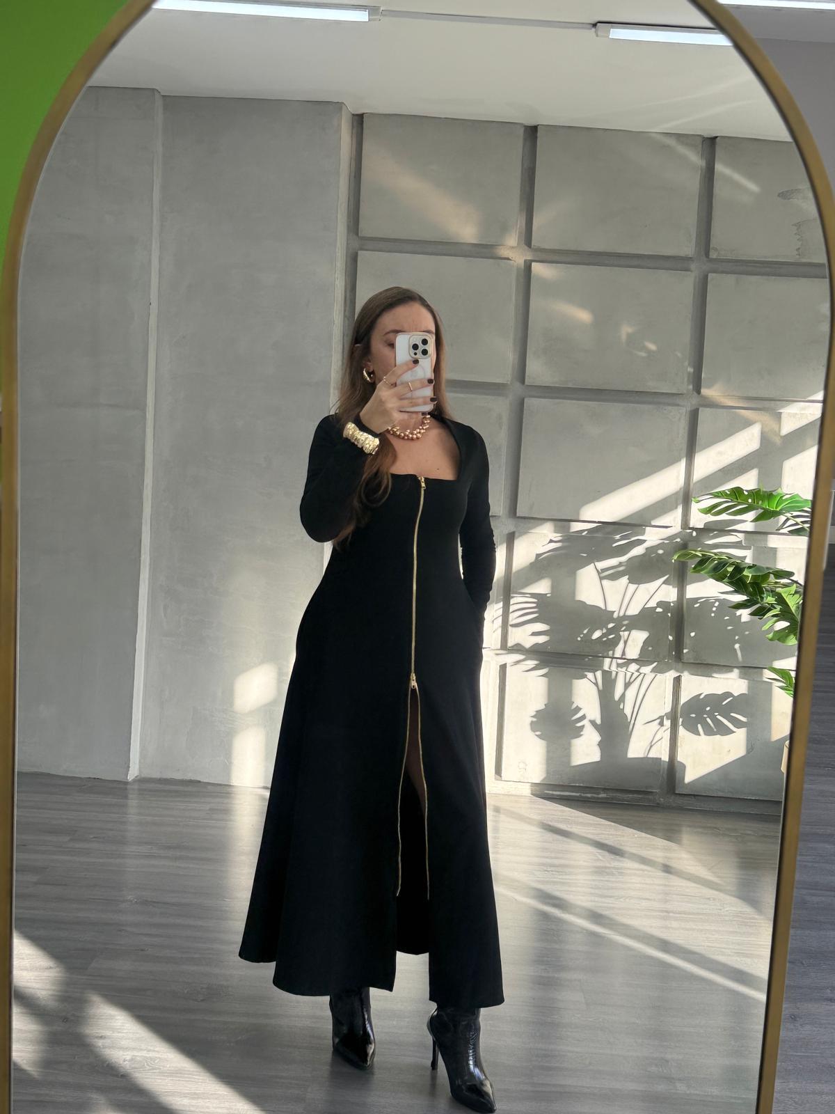 Gold Fermuarlı Kare Yaka Midi Boy Elbise