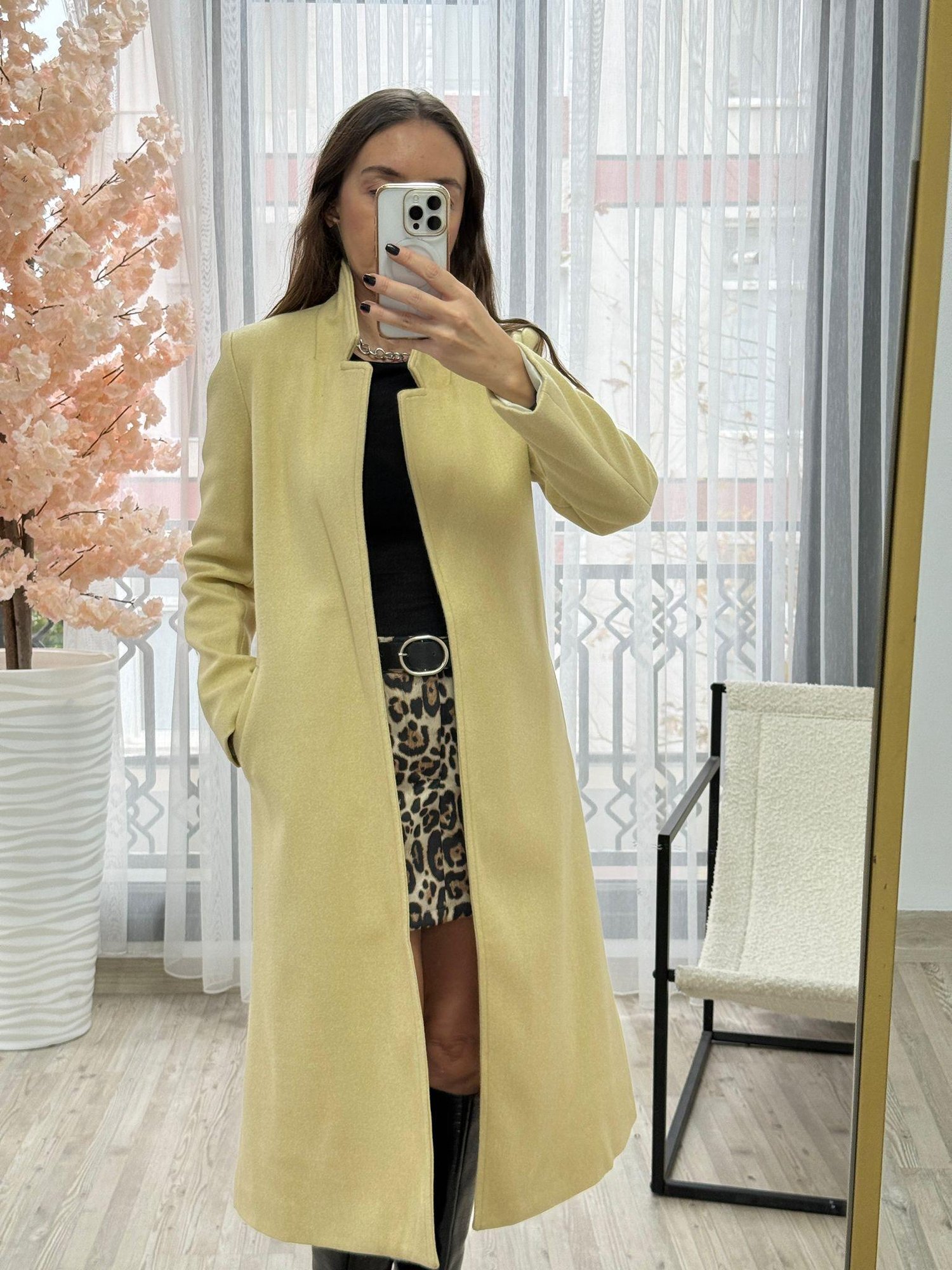 Kaşe Kuşaklı Fit Kalıp Kaban Krem