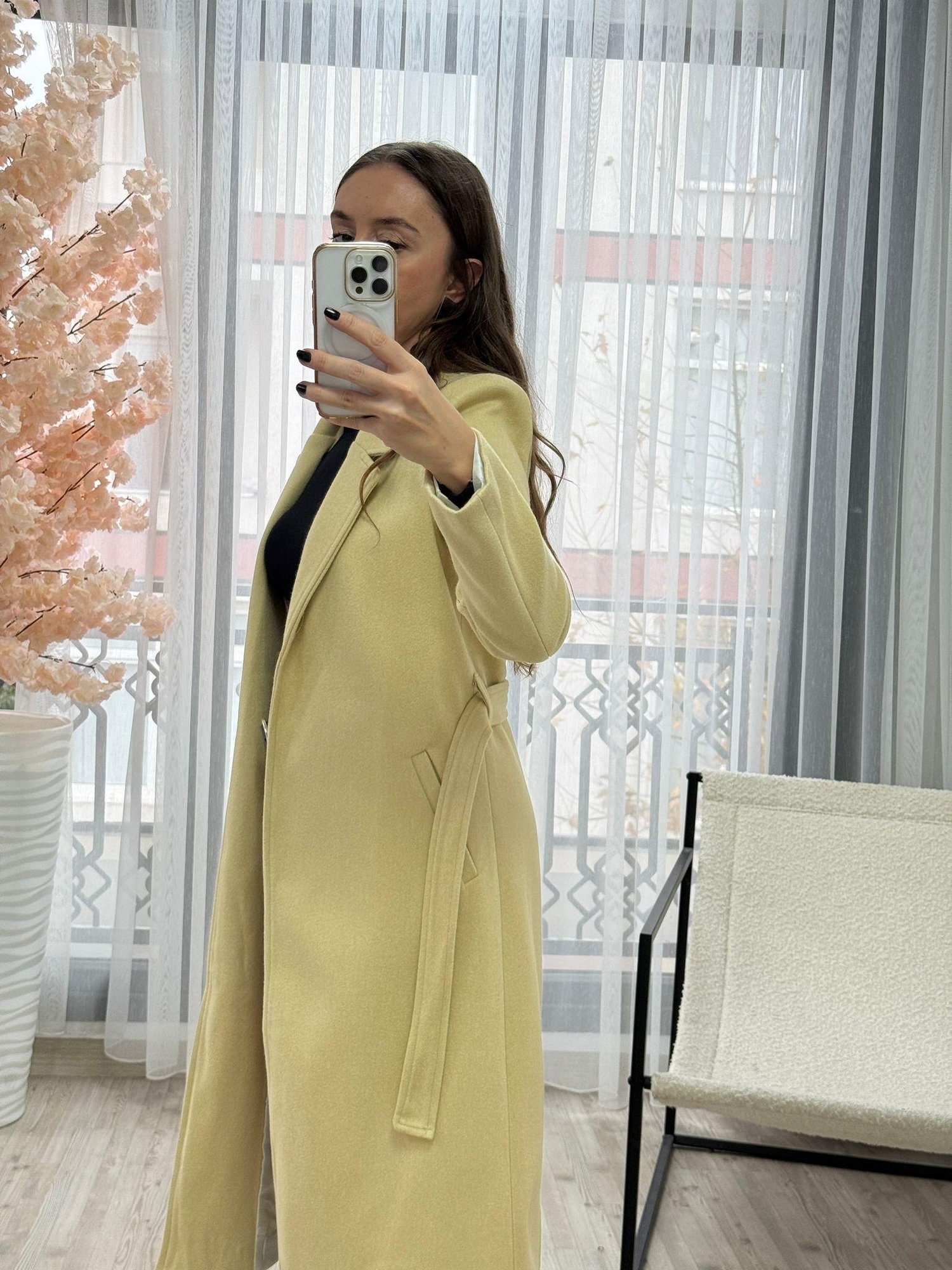 Kaşe Kuşaklı Fit Kalıp Kaban Krem