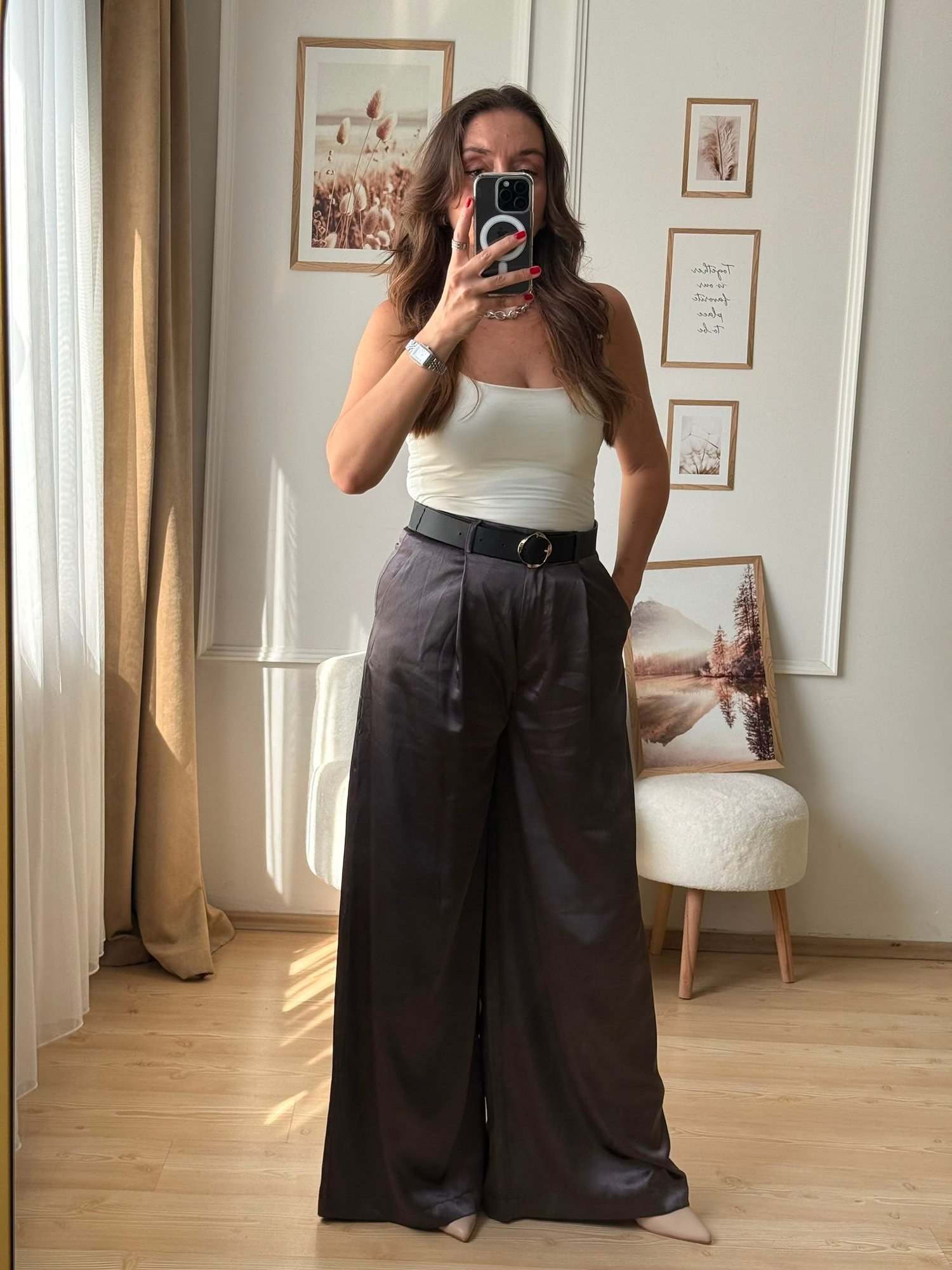 Kemerli Kahverengi Saten Geniş Paça Pantolon