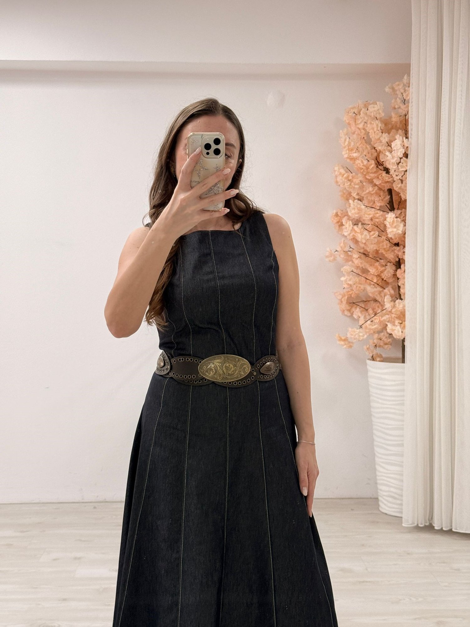Kolsuz Kloş Etekli Denim Kot Midi Elbise