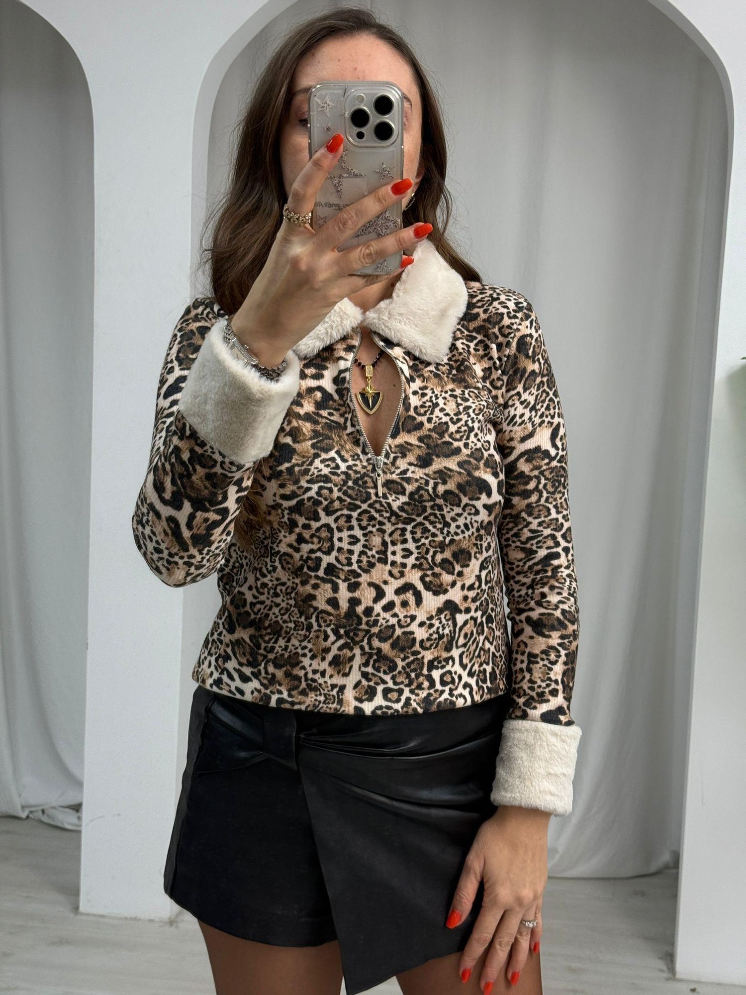 Kürk Detaylı Leopar Kazak