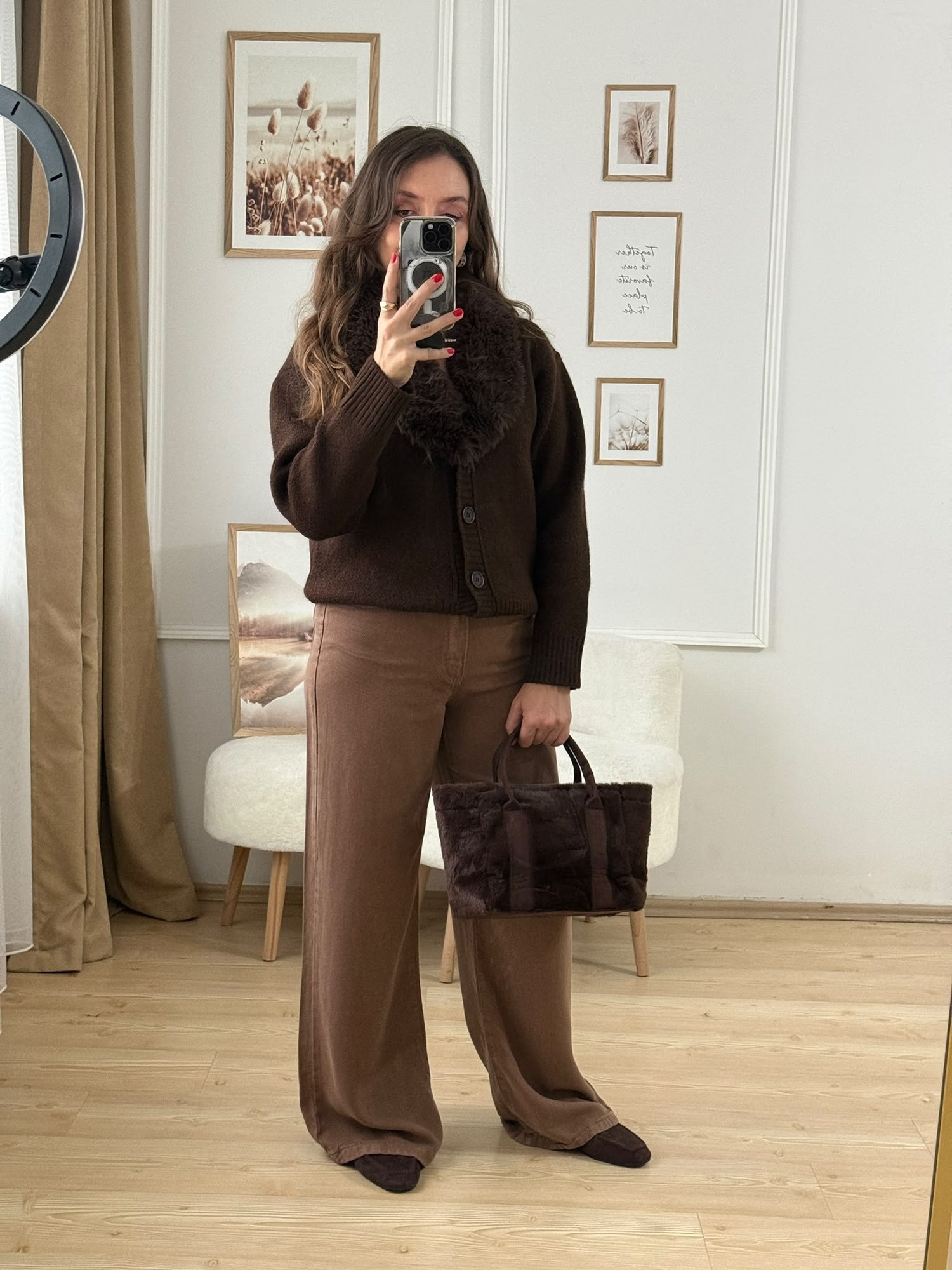 Kürk Yaka Kahverengi Hırka