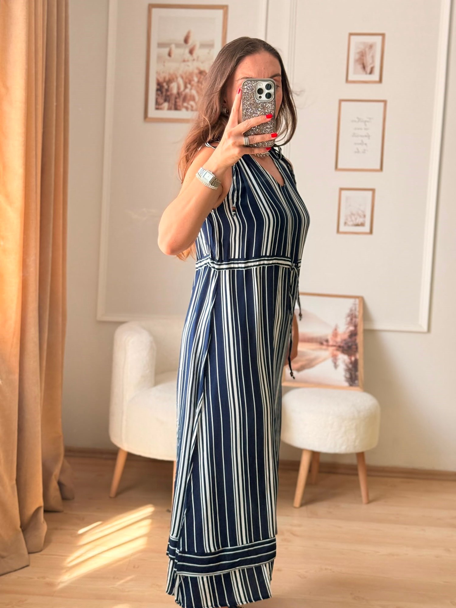 Lacivert Çizgili Bel Bağcıklı Midi Elbise