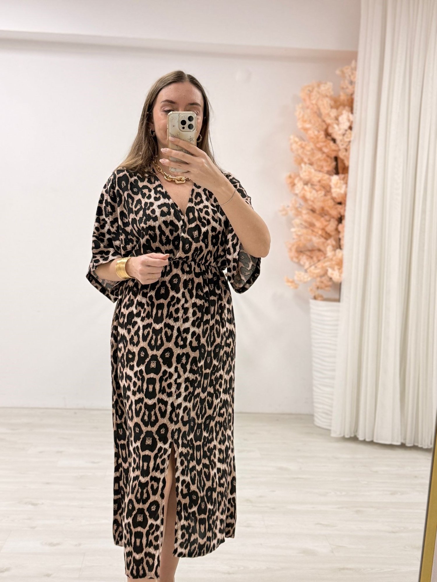 Leopar Desenli Midi Boy Elbise