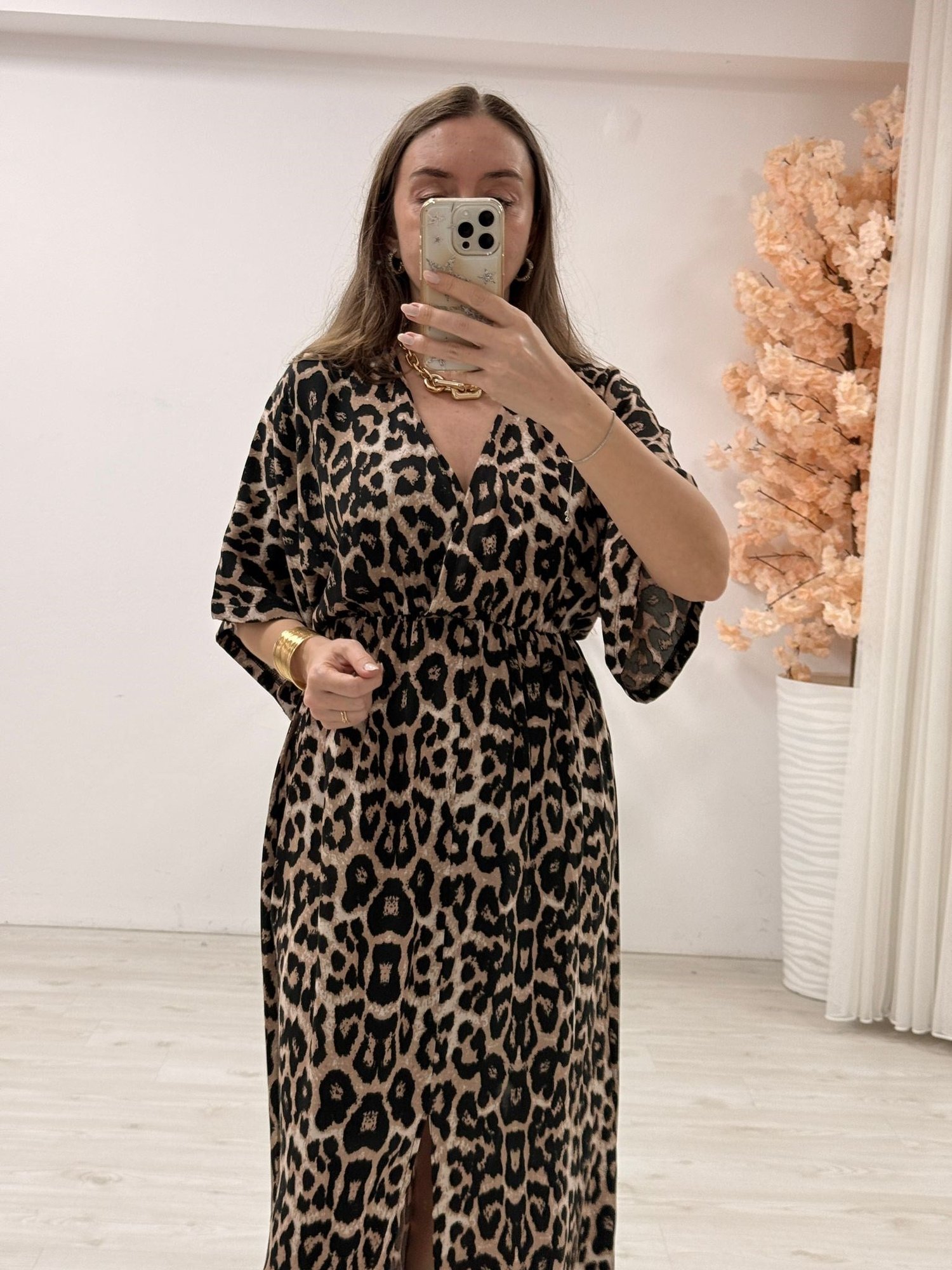 Leopar Desenli Midi Boy Elbise