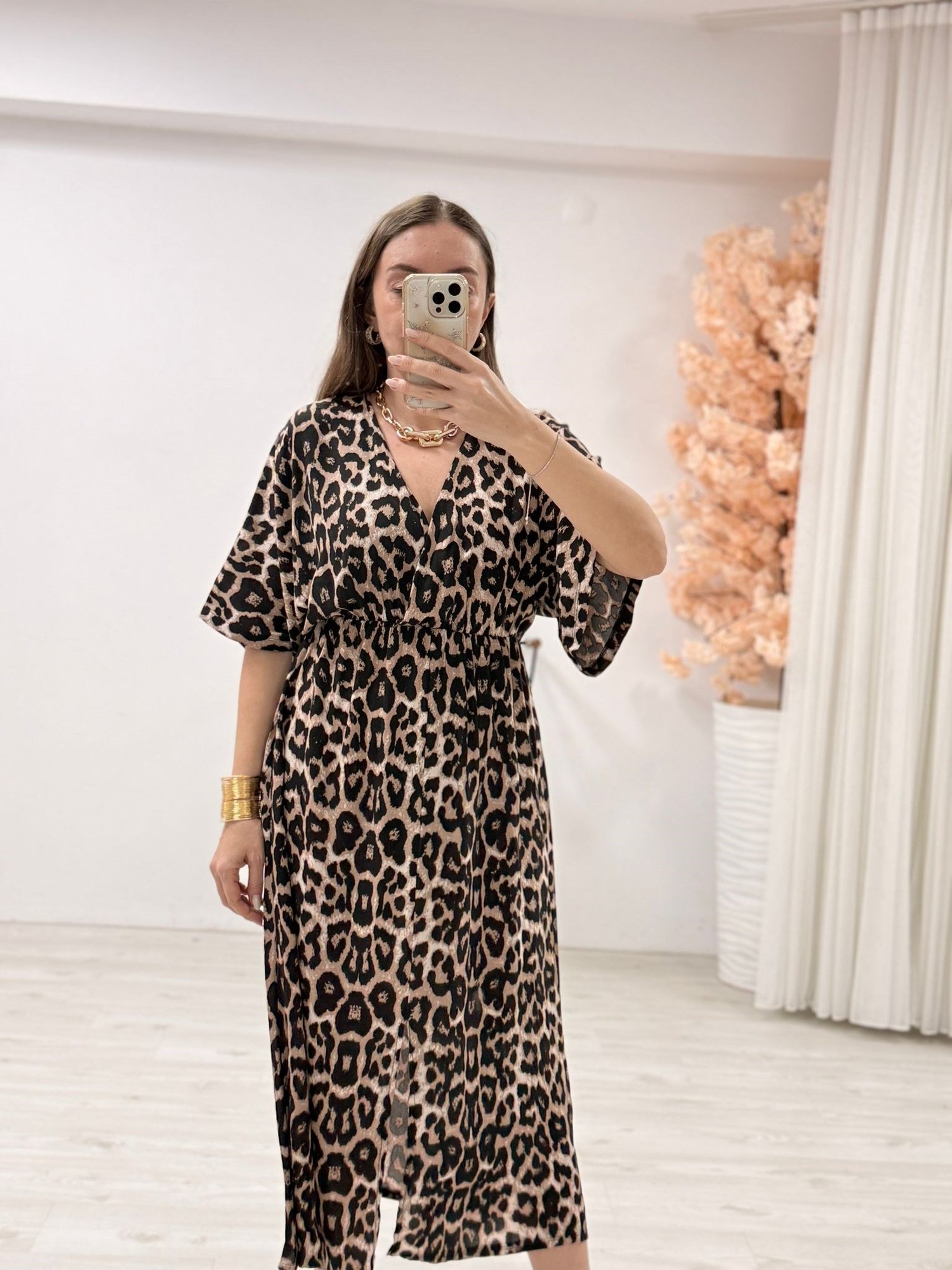 Leopar Desenli Midi Boy Elbise