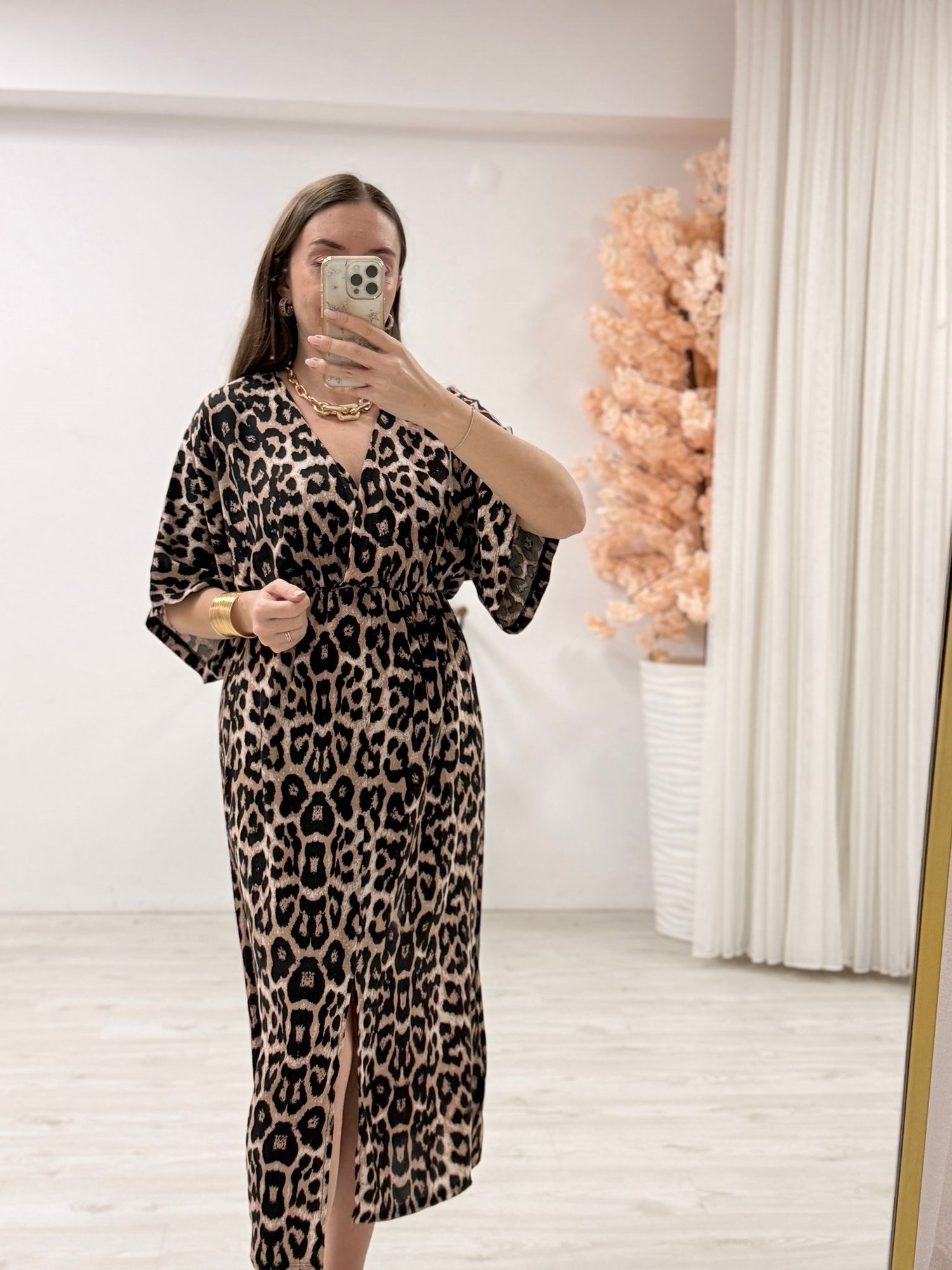 Leopar Desenli Midi Boy Elbise