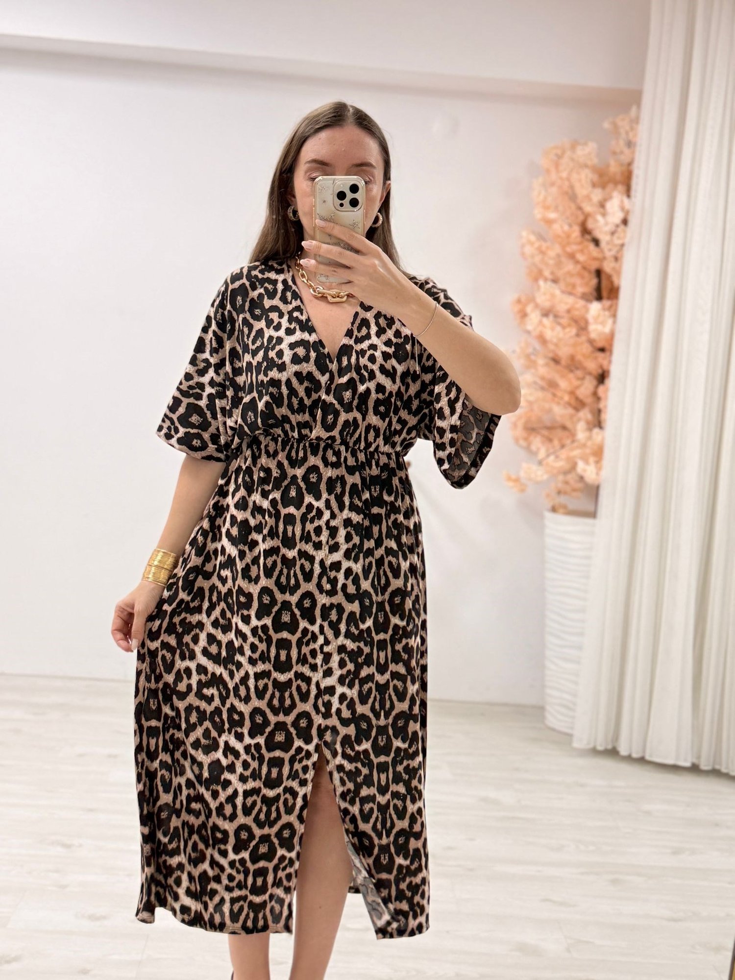 Leopar Desenli Midi Boy Elbise