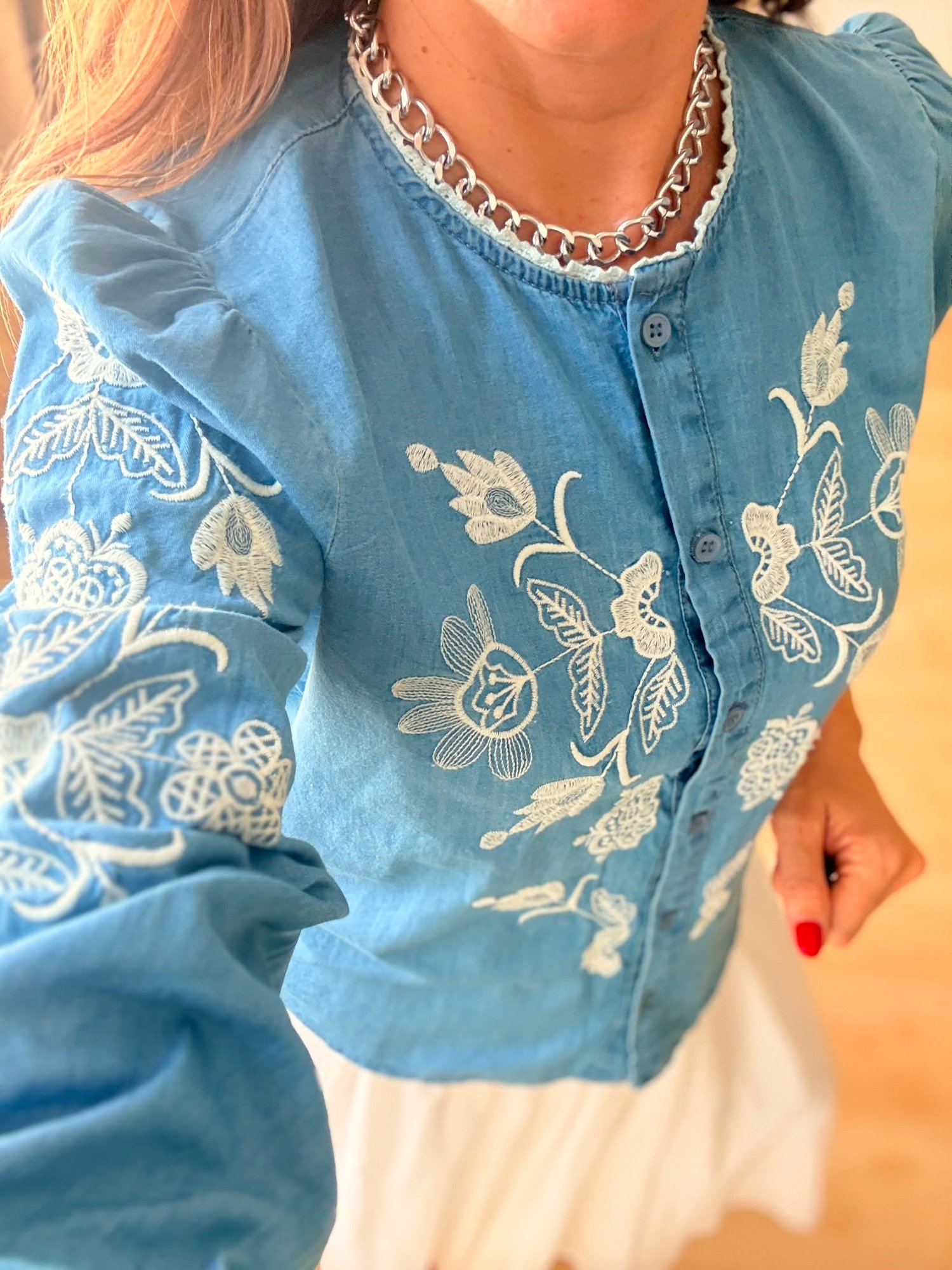 Luna Nakışlı Denim Gömlek