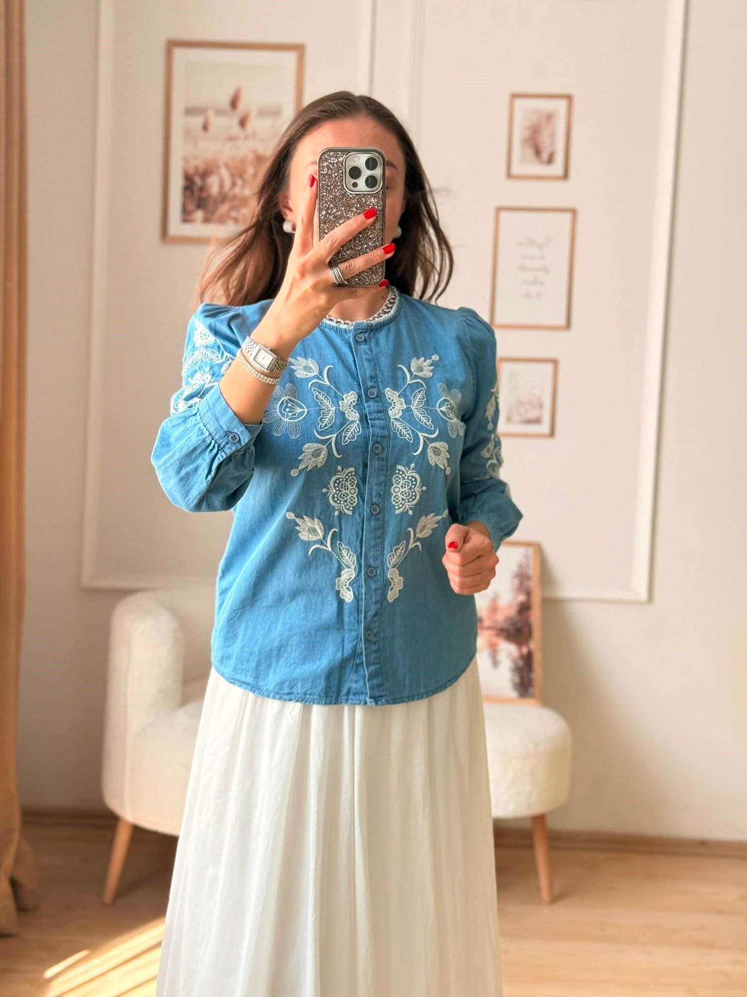 Luna Nakışlı Denim Gömlek