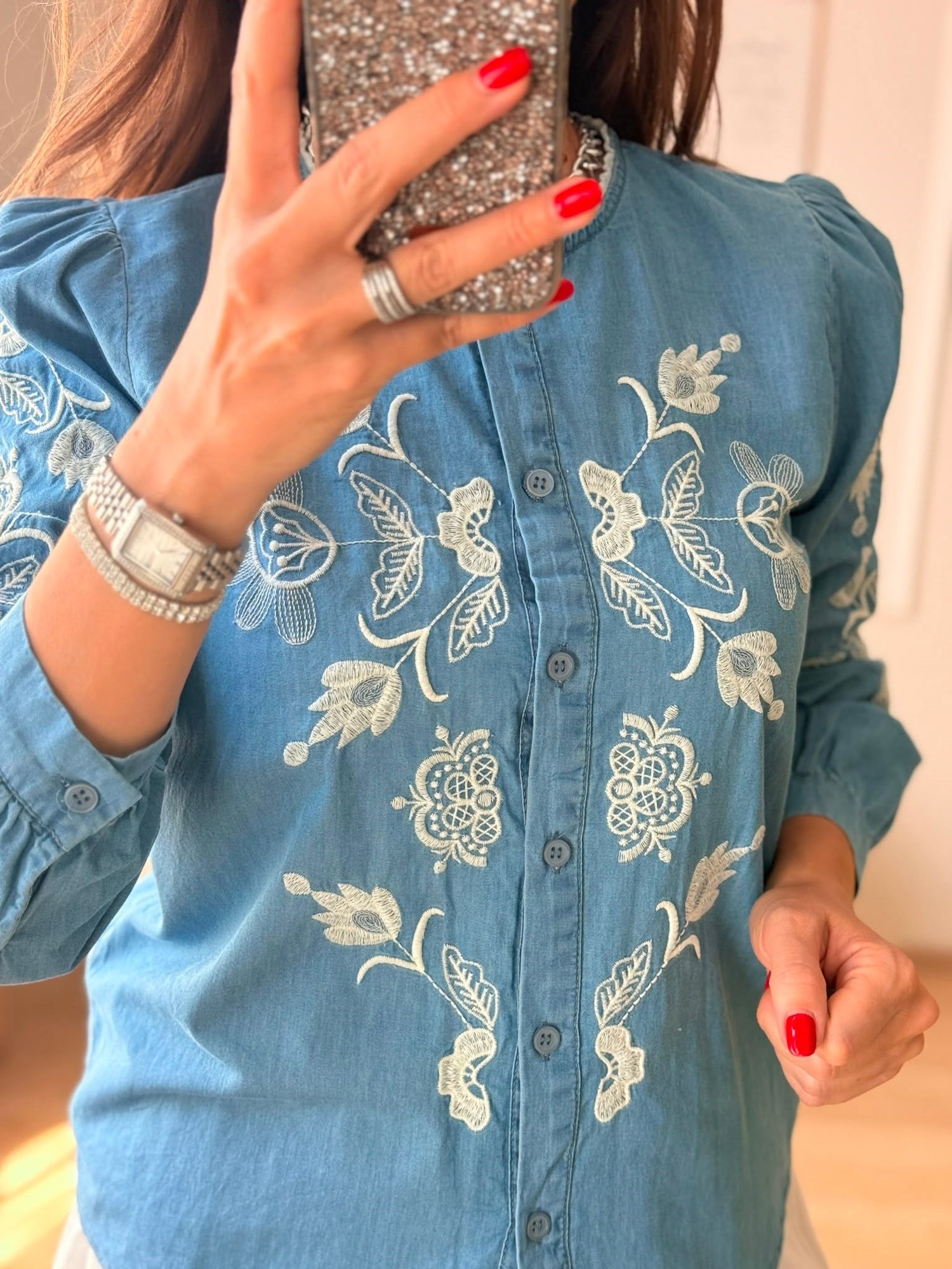 Luna Nakışlı Denim Gömlek