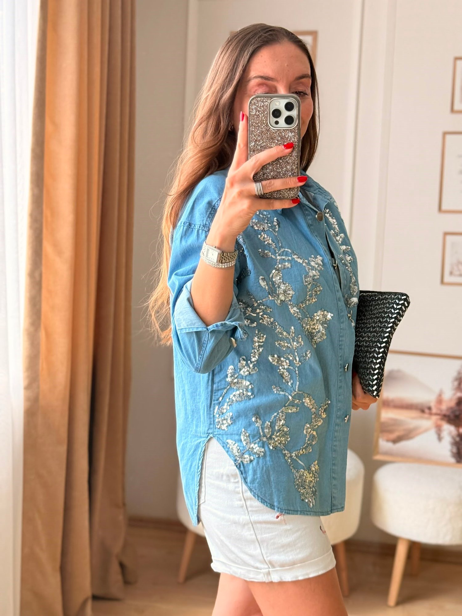 Luna Taş İşlemeli Denim Gömlek