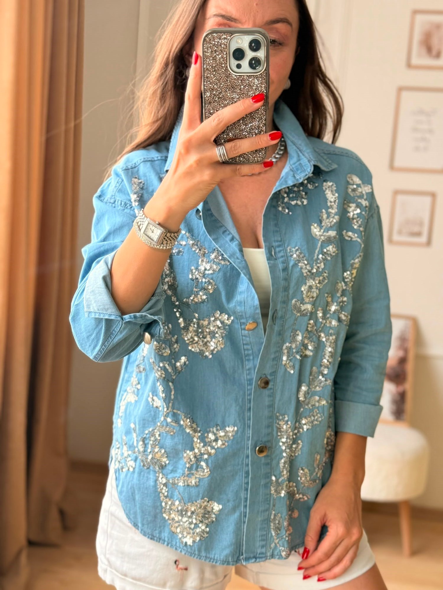 Luna Taş İşlemeli Denim Gömlek