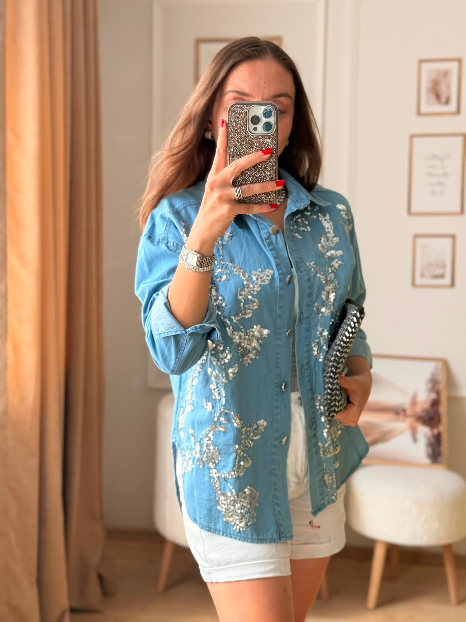 Luna Taş İşlemeli Denim Gömlek