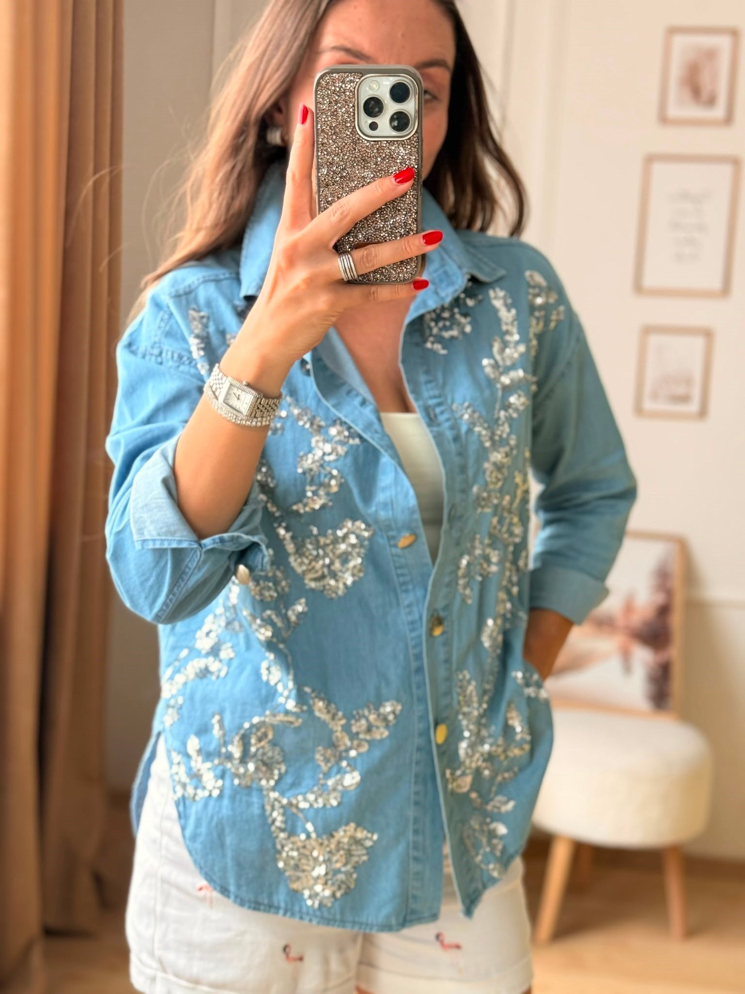 Luna Taş İşlemeli Denim Gömlek