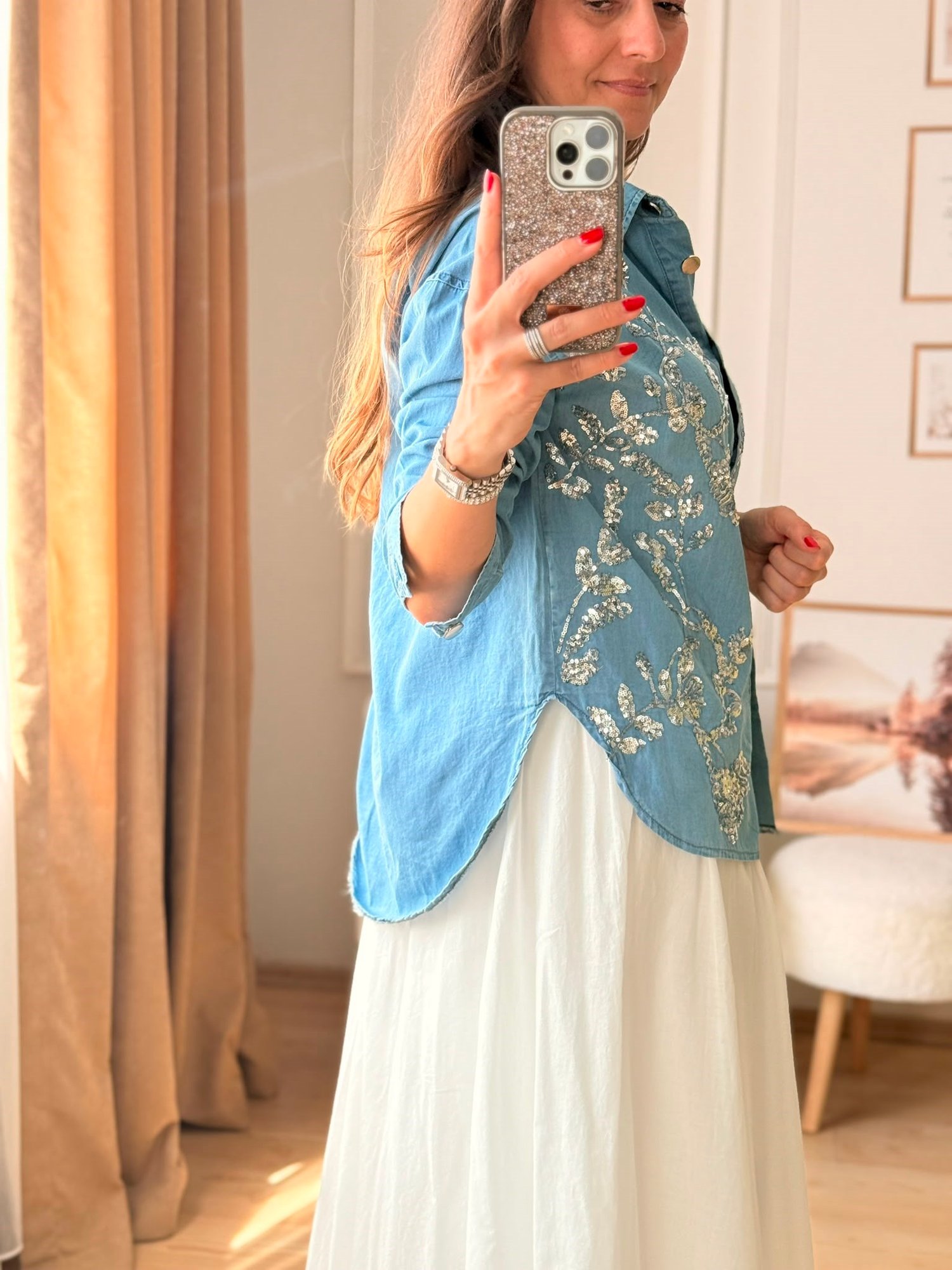 Luna Taş İşlemeli Denim Gömlek