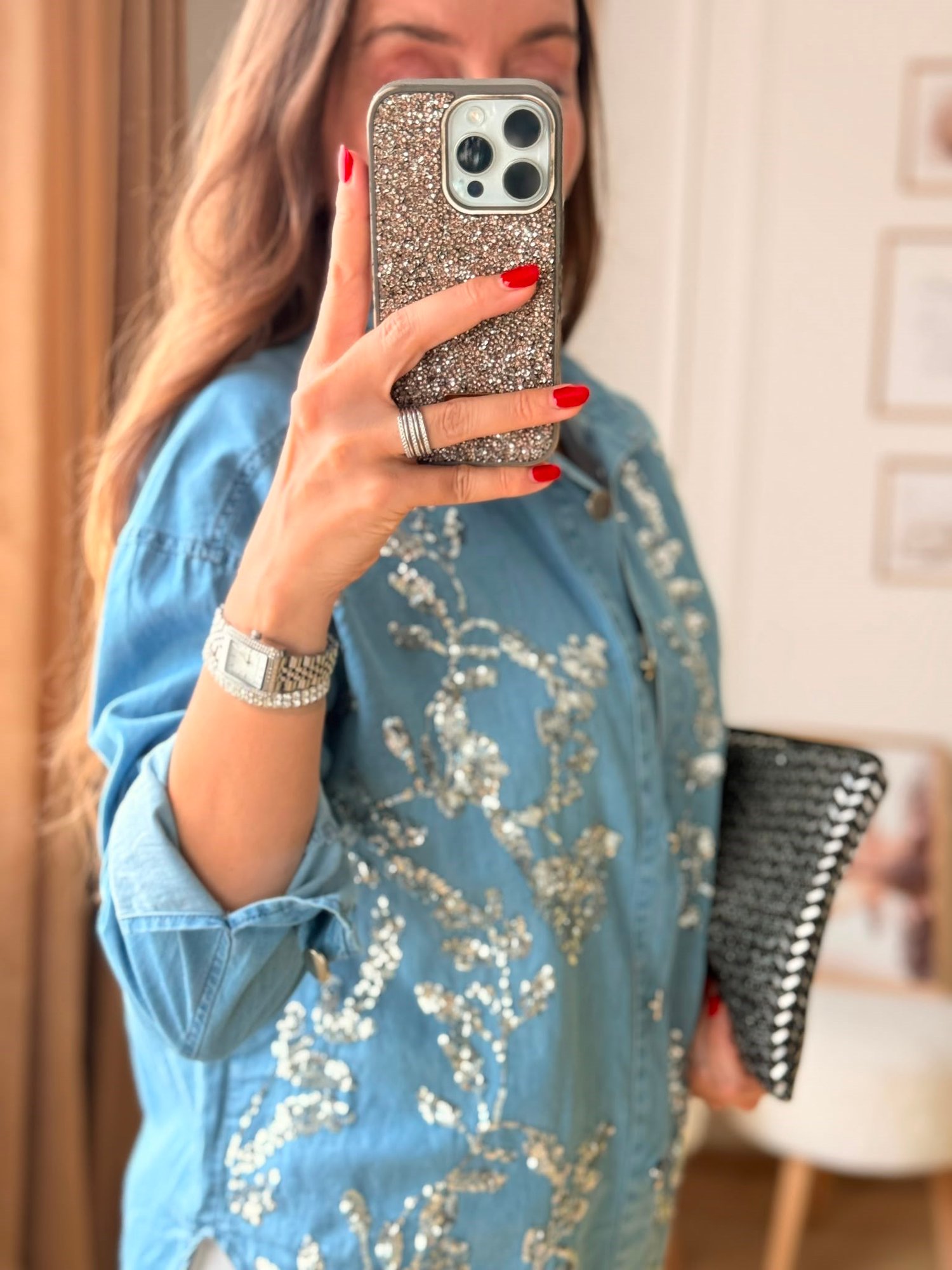 Luna Taş İşlemeli Denim Gömlek