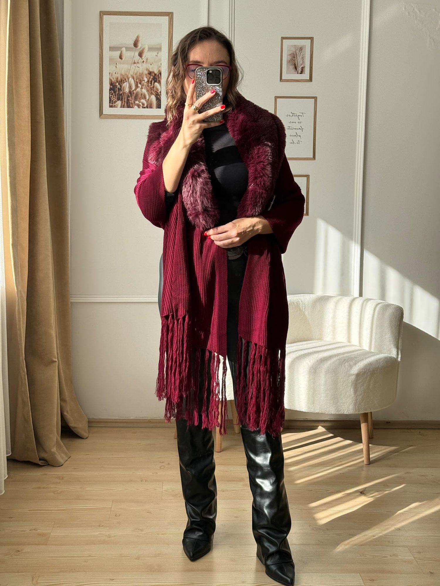 Özel Tasarım Kürklü Şal - Bordo