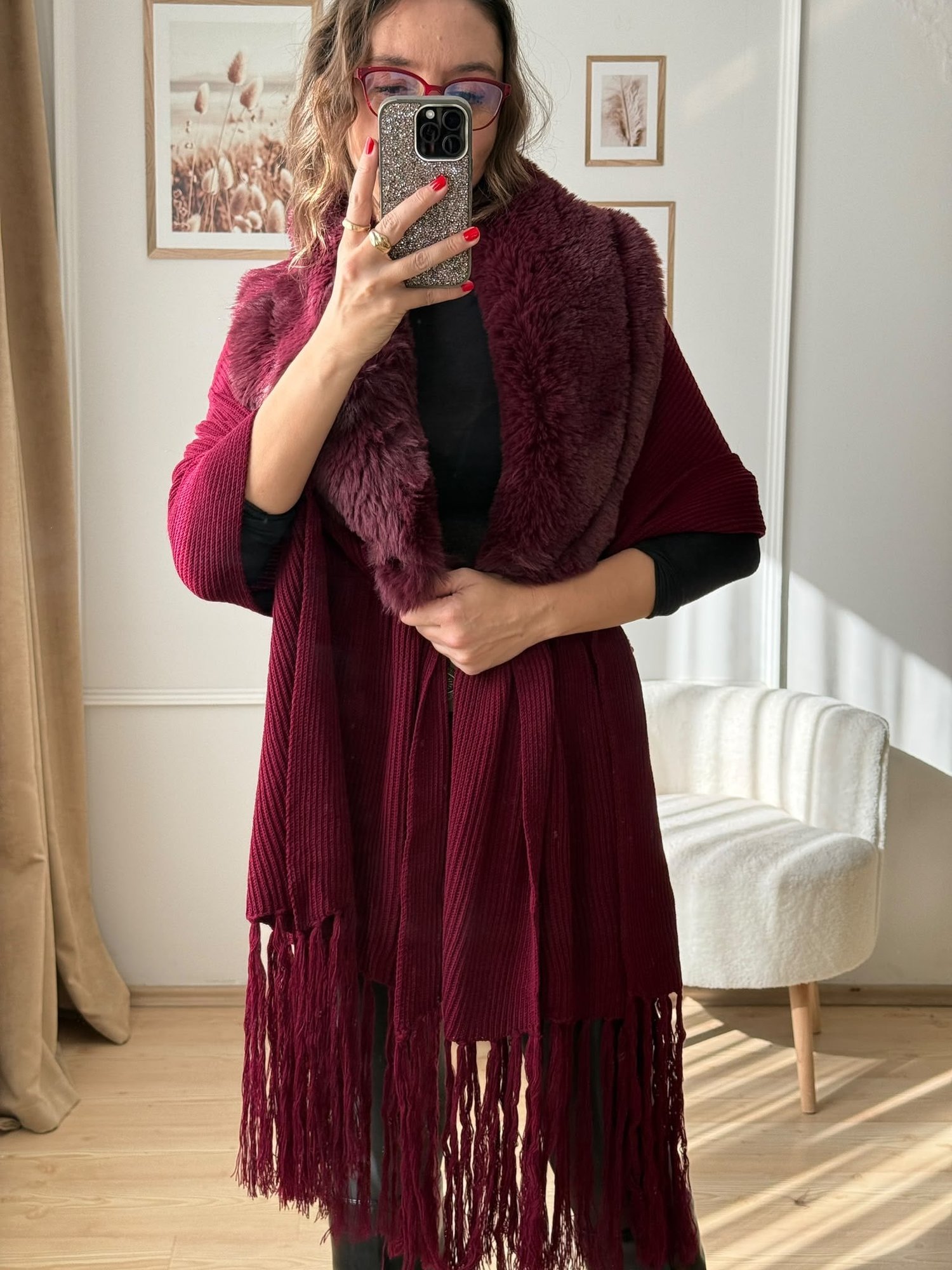 Özel Tasarım Kürklü Şal - Bordo