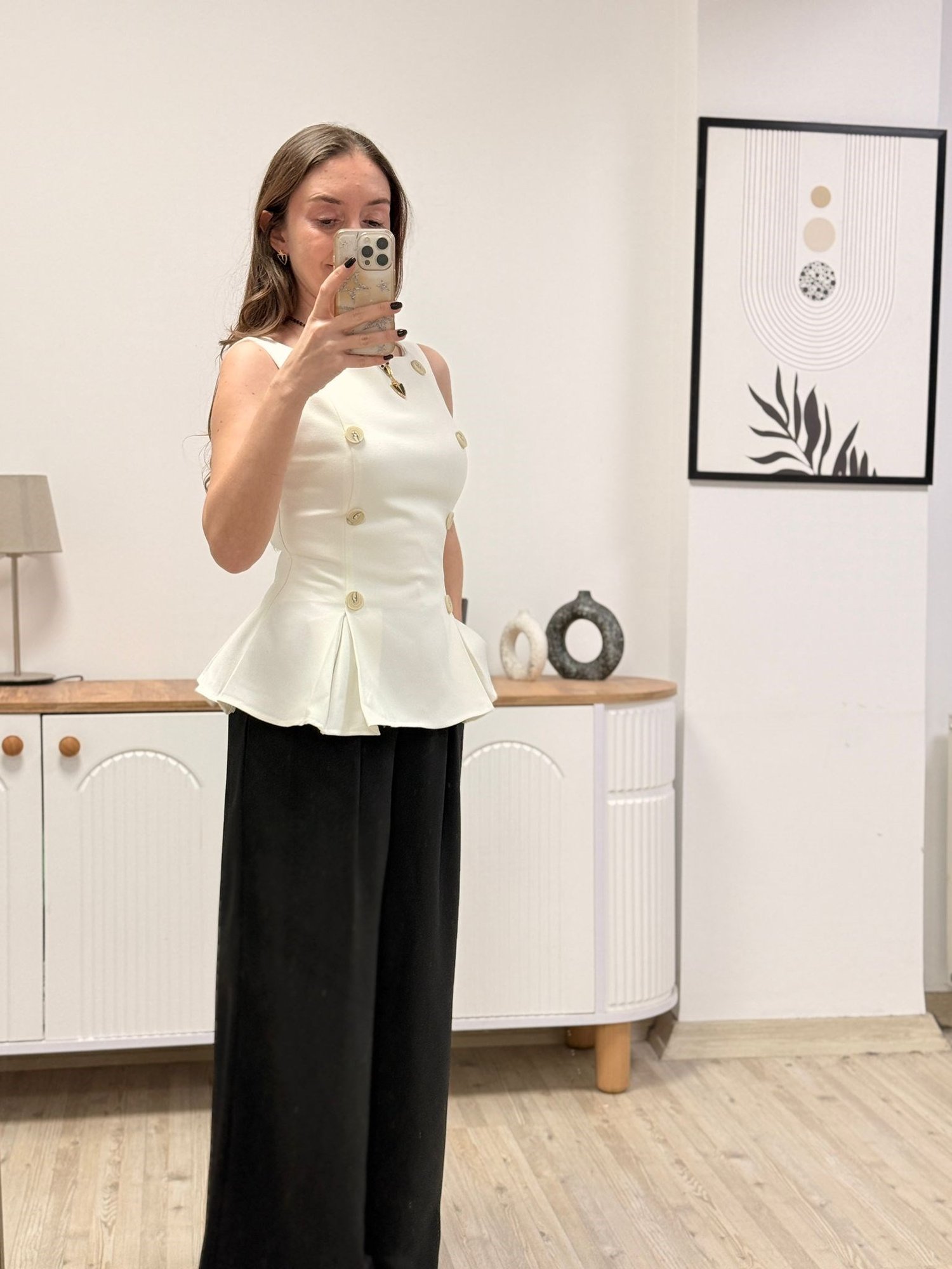 Premium Önü Düğmeli Kumaş Bluz- BEYAZ