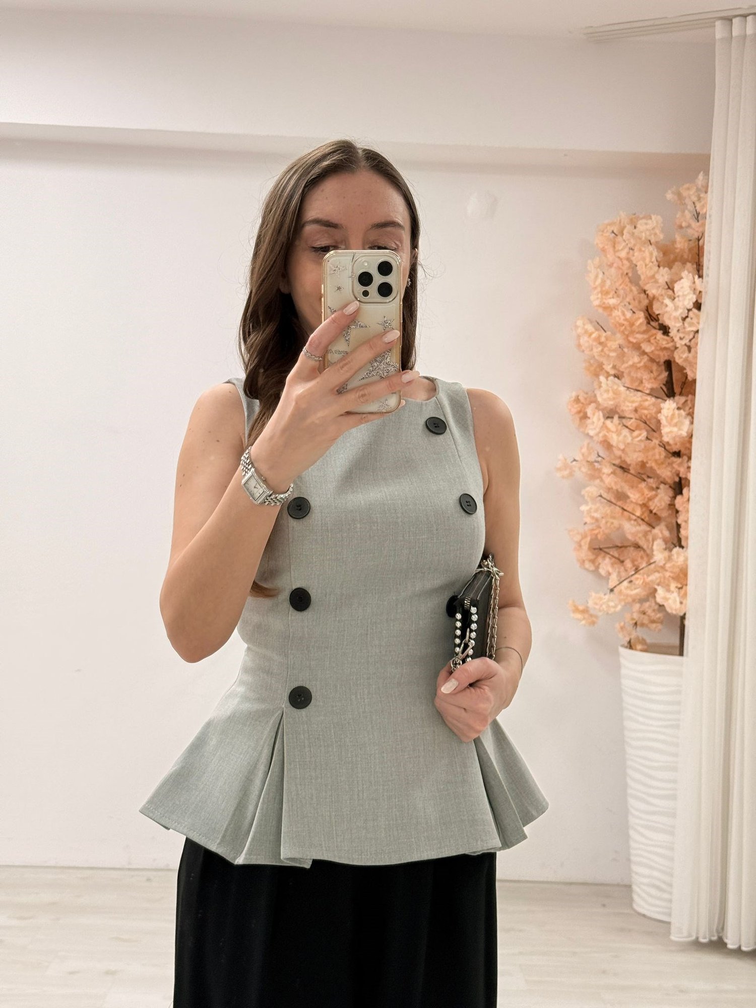 Premium Önü Düğmeli Kumaş Bluz- GRİ
