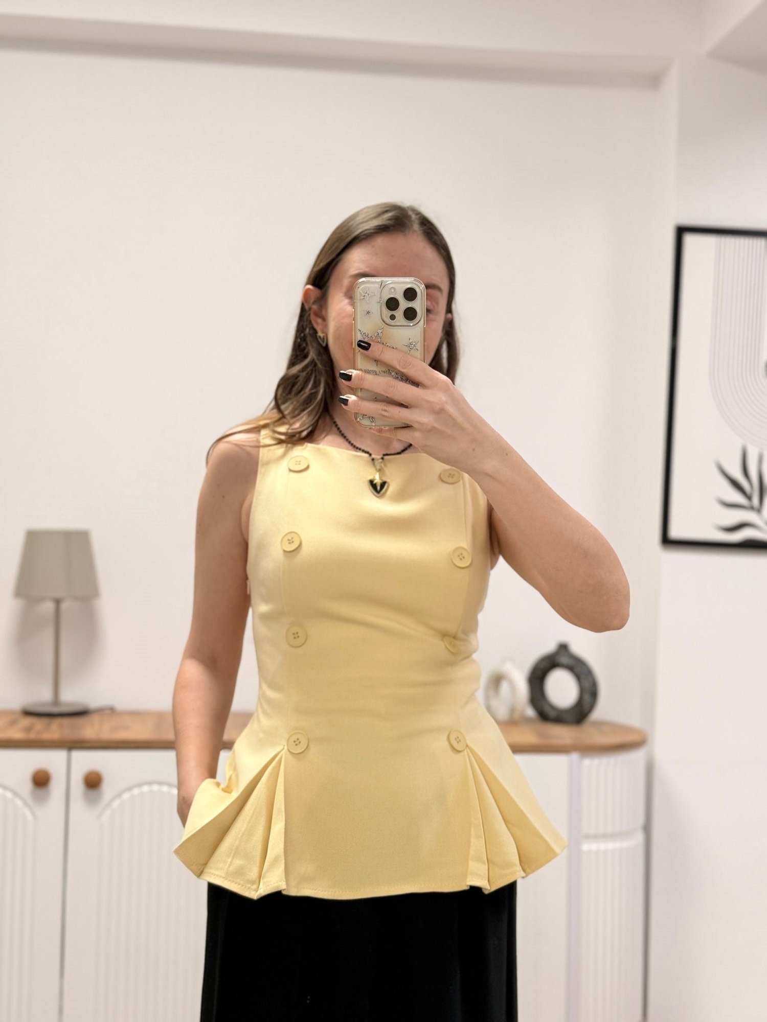 Premium Önü Düğmeli Kumaş Bluz- SARI