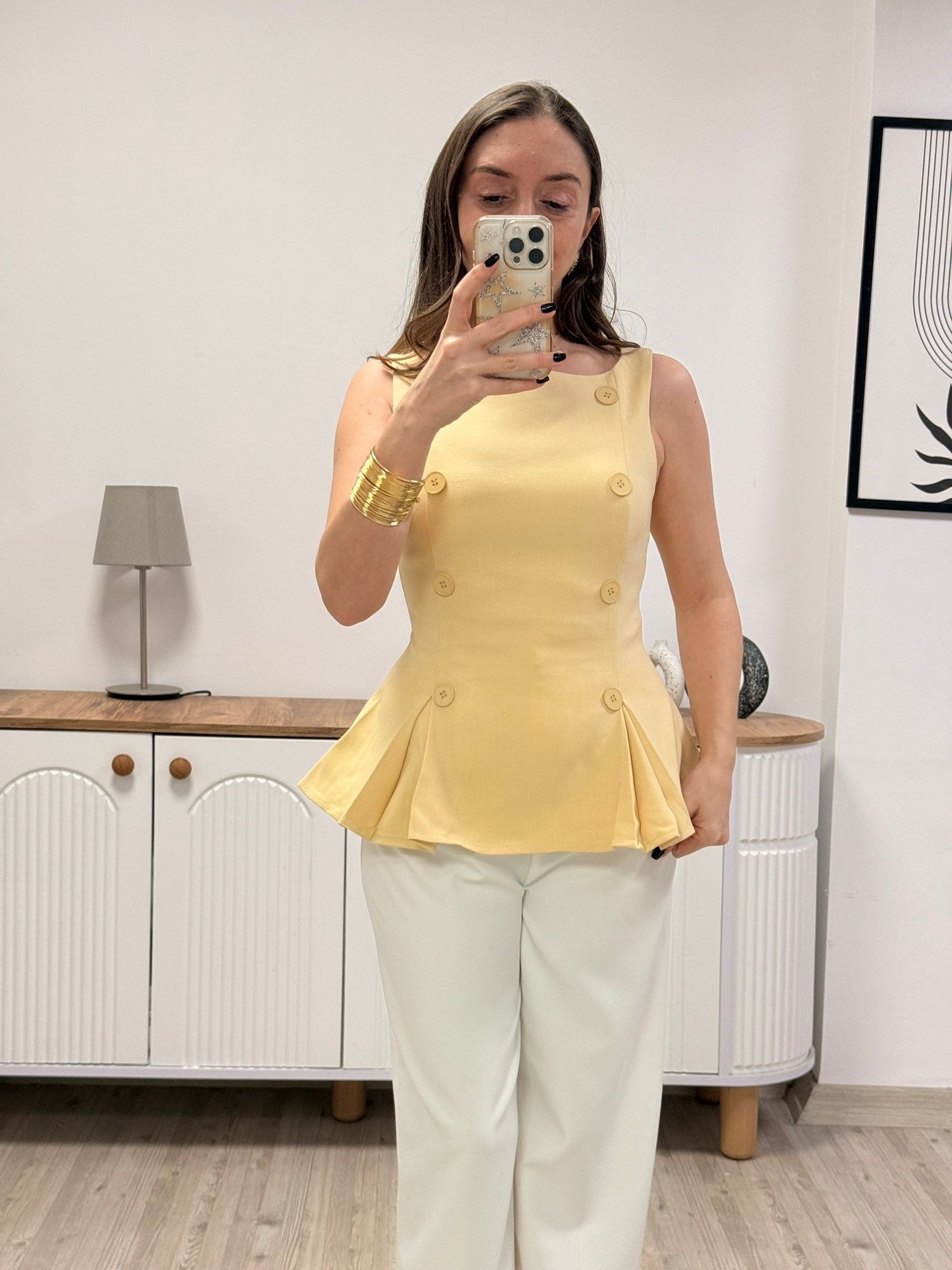 Premium Önü Düğmeli Kumaş Bluz- SARI