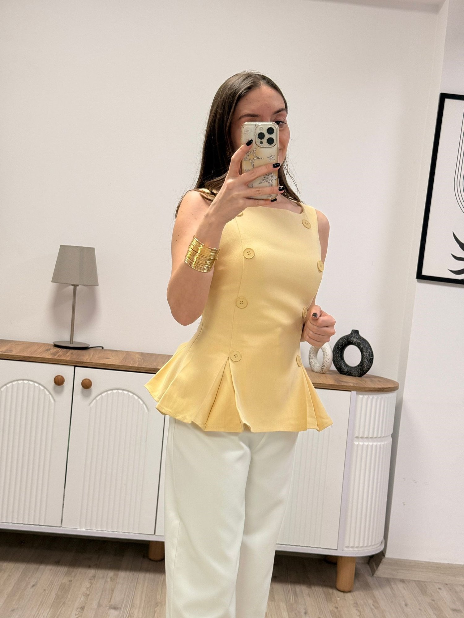 Premium Önü Düğmeli Kumaş Bluz- SARI