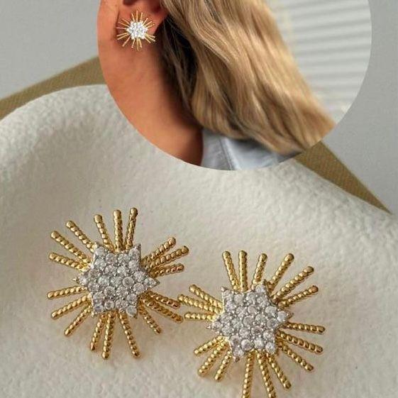 Premium Taşlı Yıldız Tasarım Gold Küpe