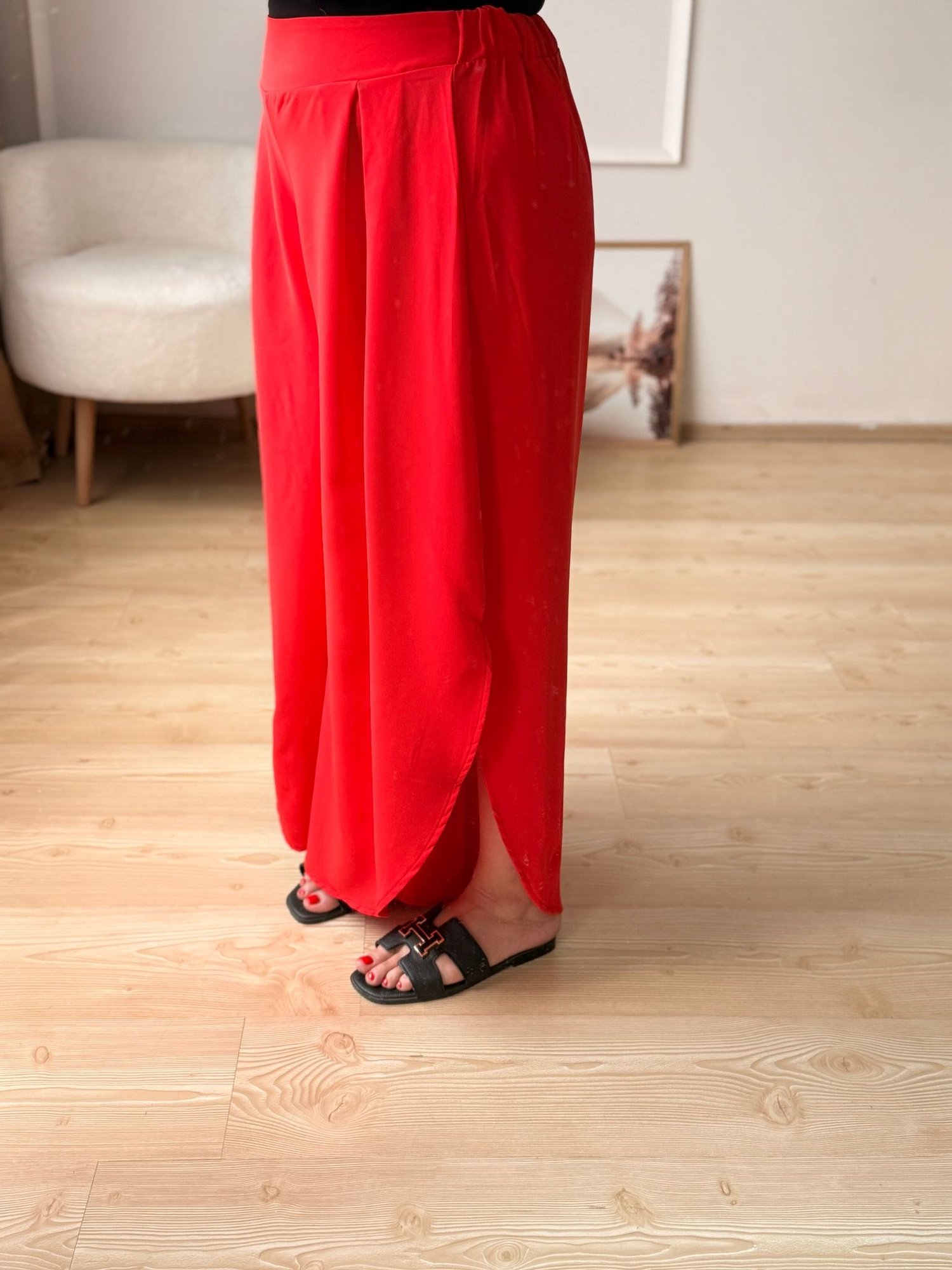 Şalvar Model Yırtmaçlı Pantolon-Kırmızı
