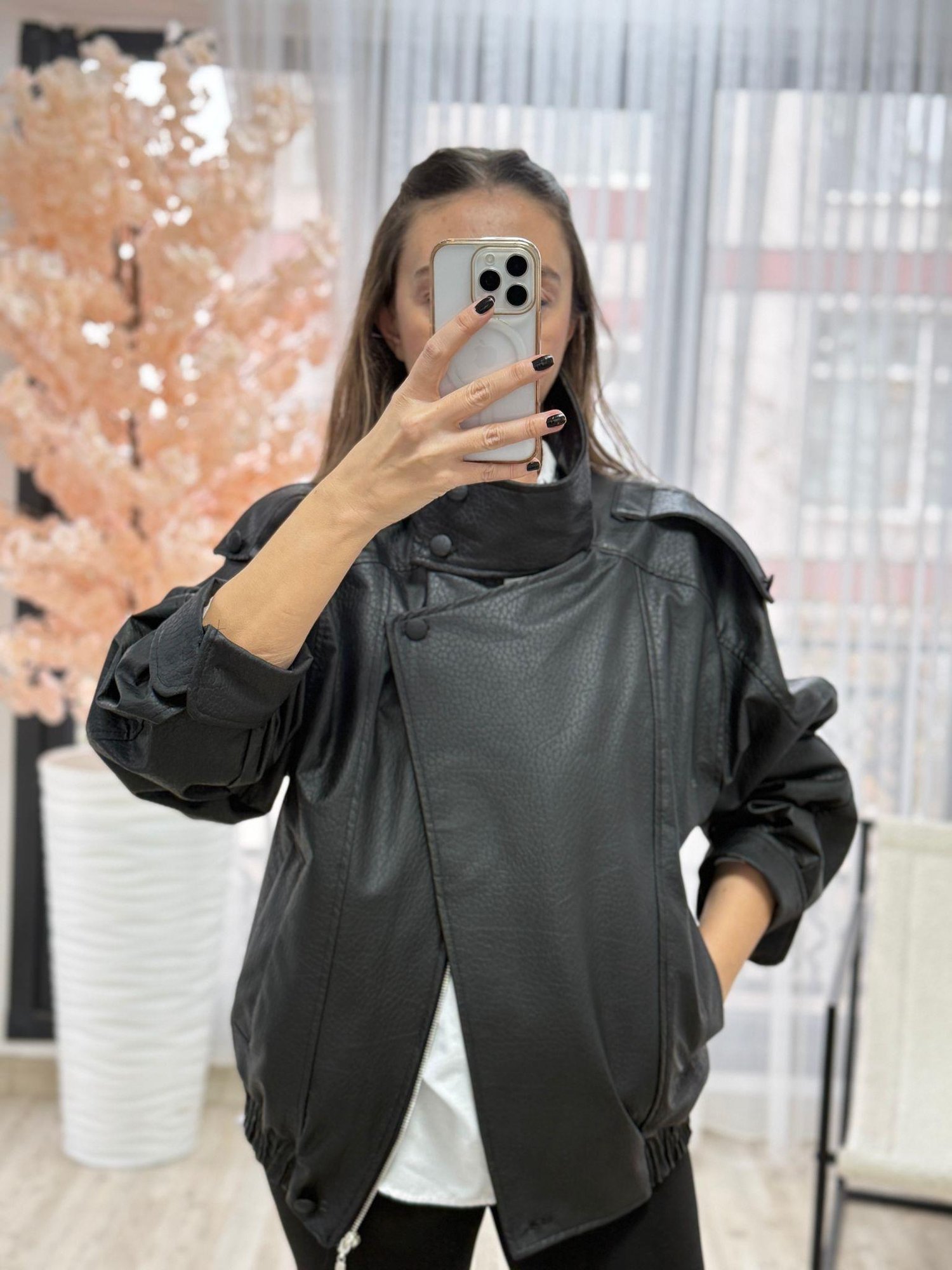 Siyah Oversize Deri Ceket