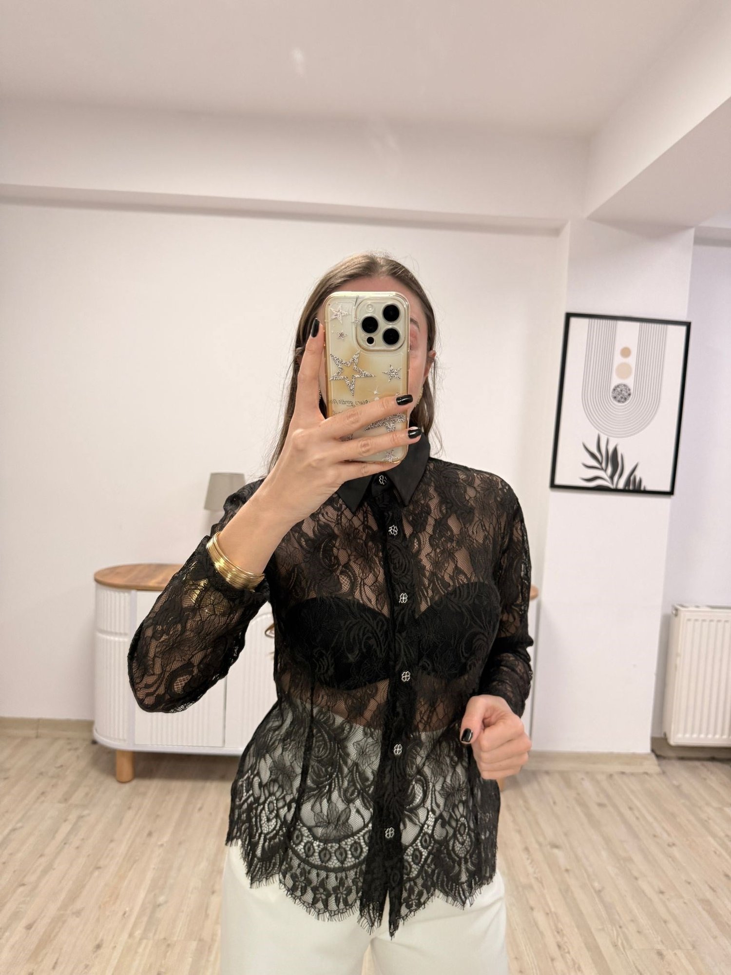 Transparan Dantel Detaylı Gömlek 